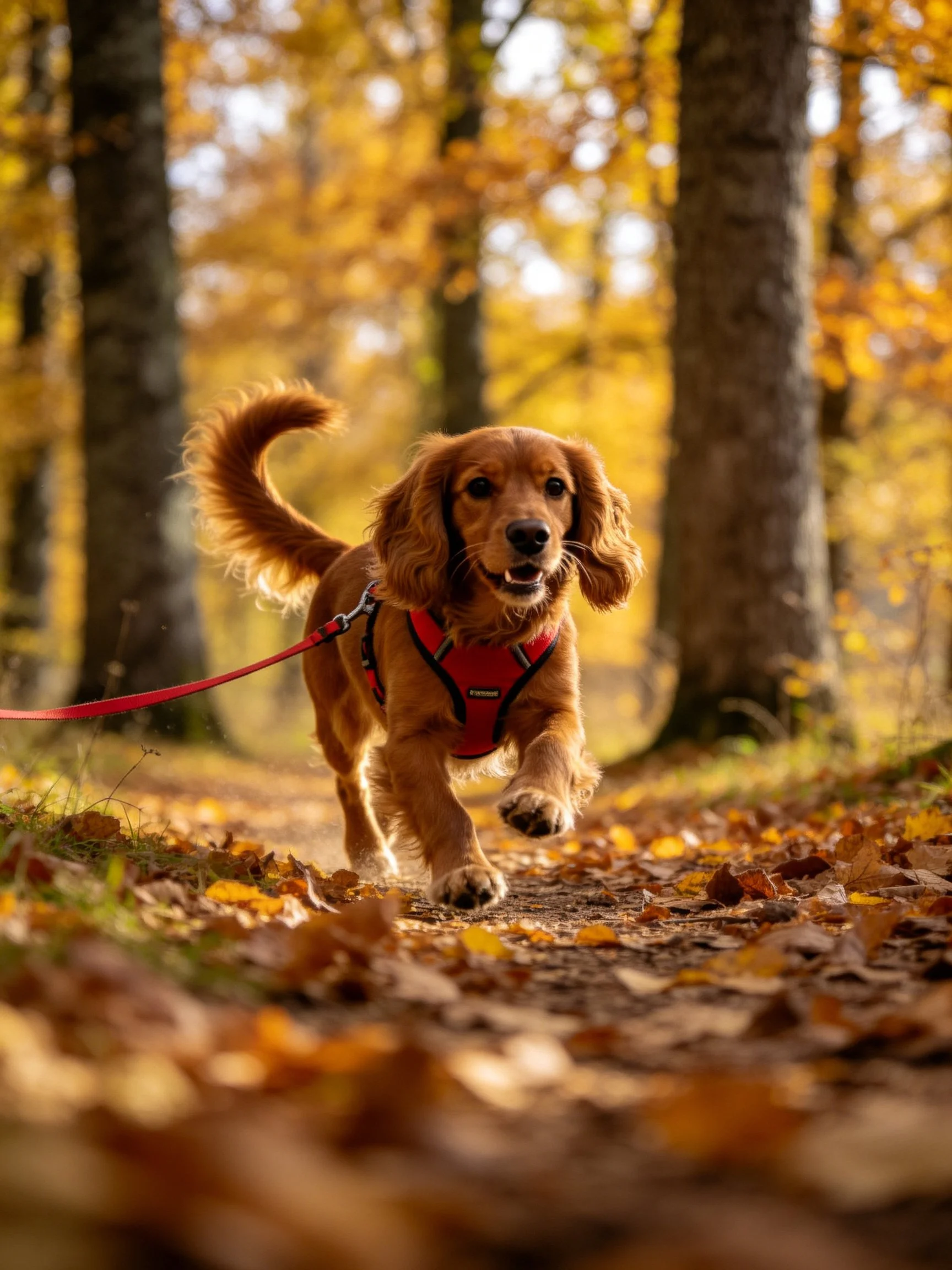 A reddish-brown dog runs energetically along a leaf-covered autumn forest trail.