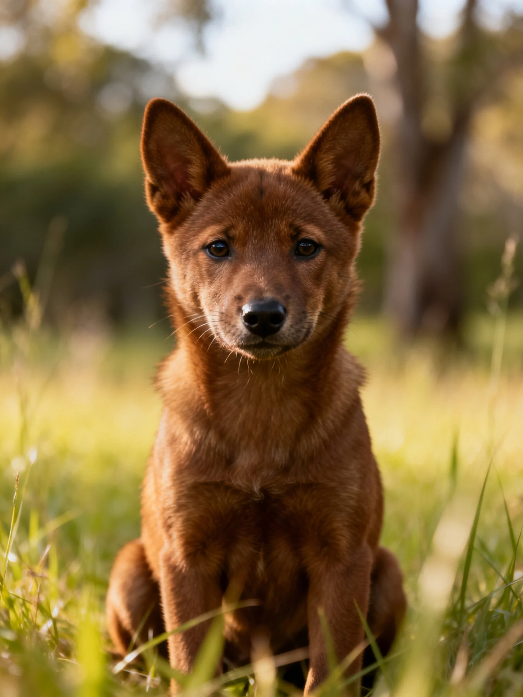 A reddish-brown dog sits calmly in a sunlit grassy field