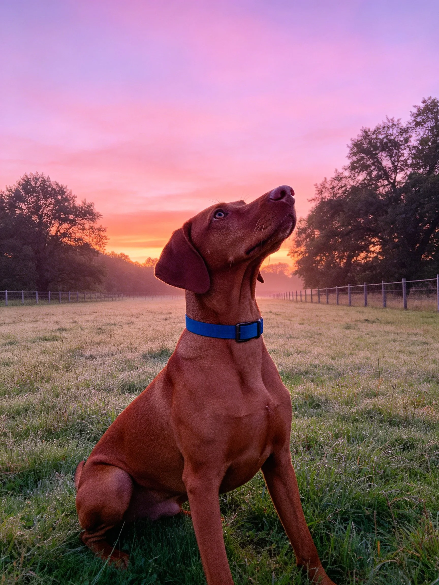 A reddish-brown dog sits in a grassy field during a vibrant sunset.