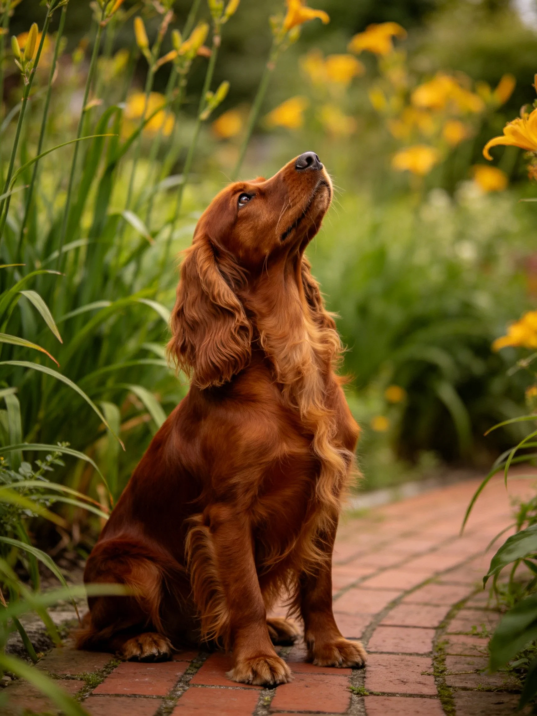 A reddish-brown dog sits attentively near yellow flowers and greenery on a brick path