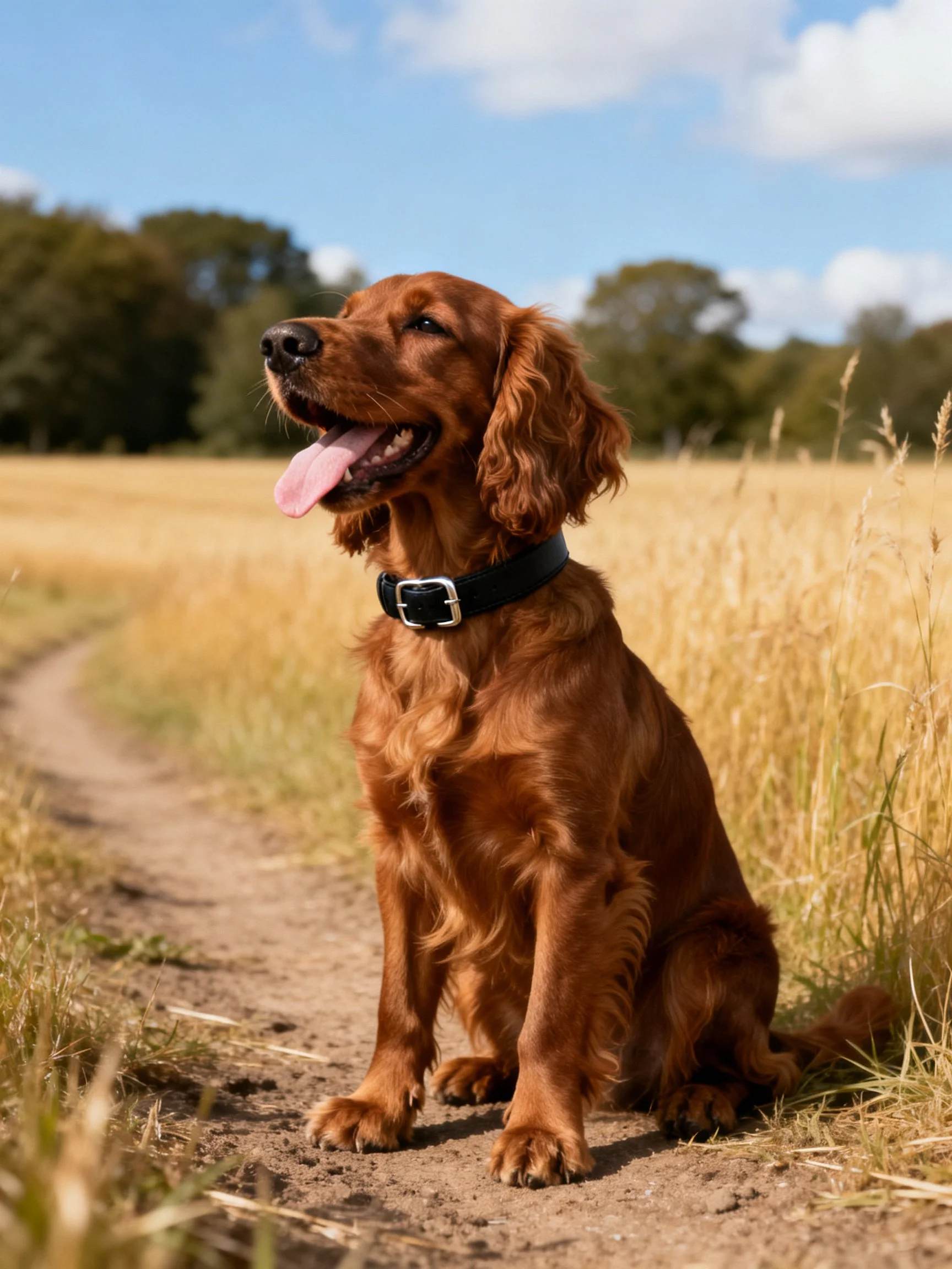 A reddish-brown dog sits calmly on a dirt path amid tall golden grass