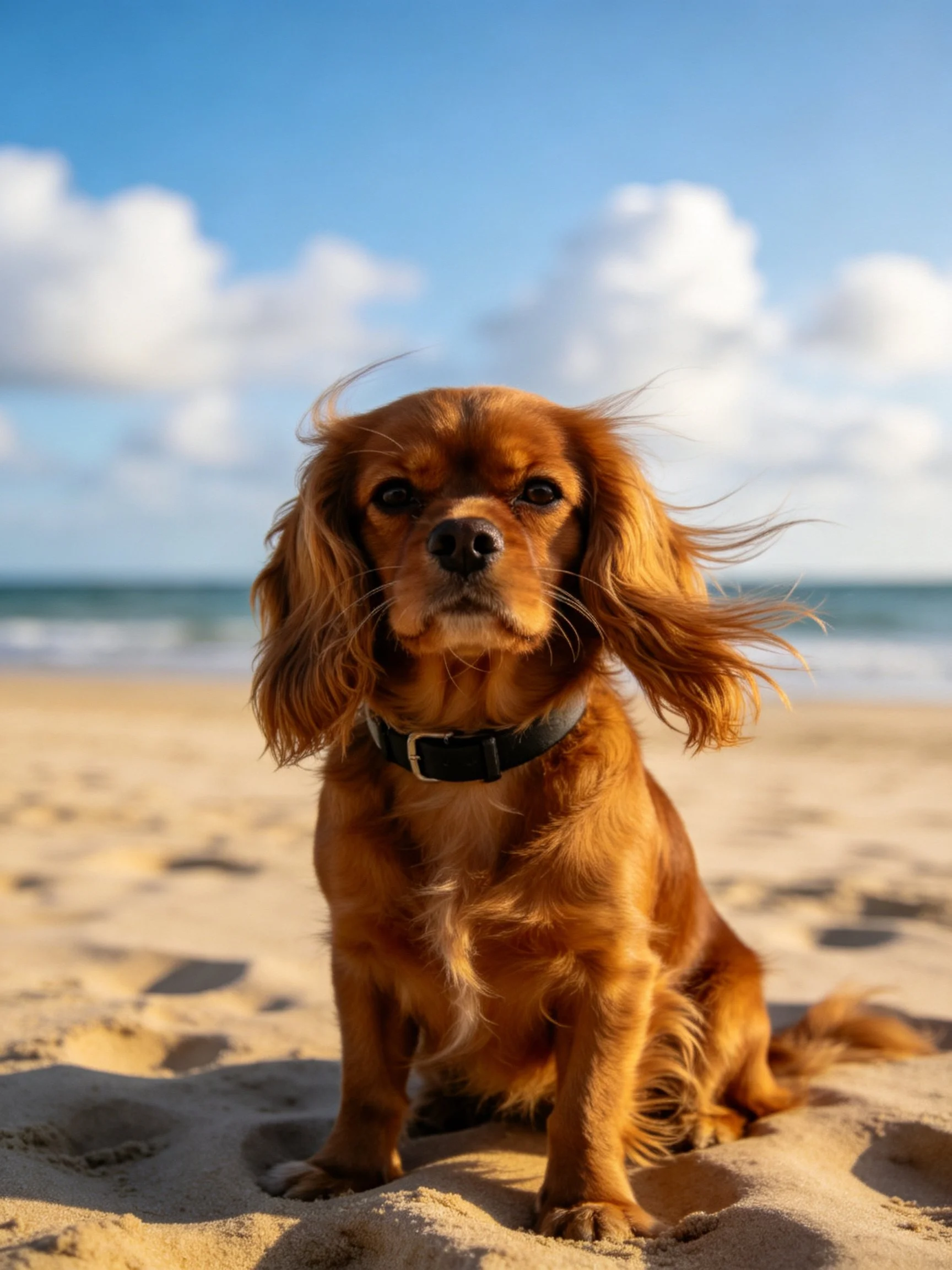 A brown dog rests on a sandy beach with ocean and sky behind it.