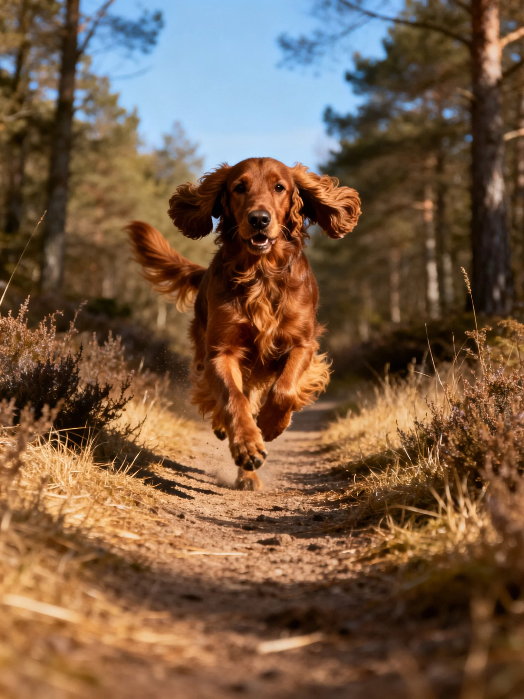 A reddish-brown dog sprinting along a sunlit forest path