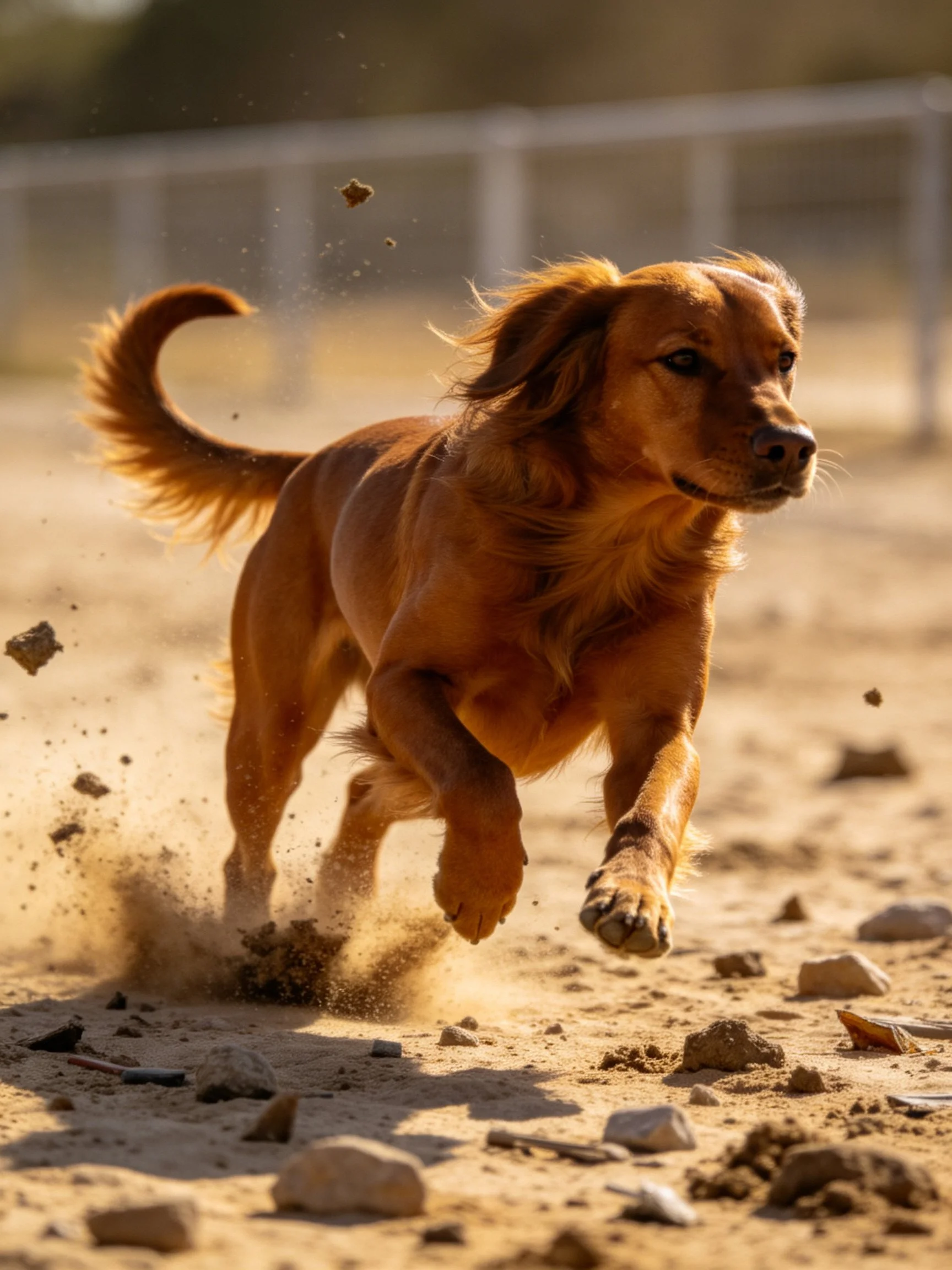 A reddish-brown dog sprints over rocky, dusty ground