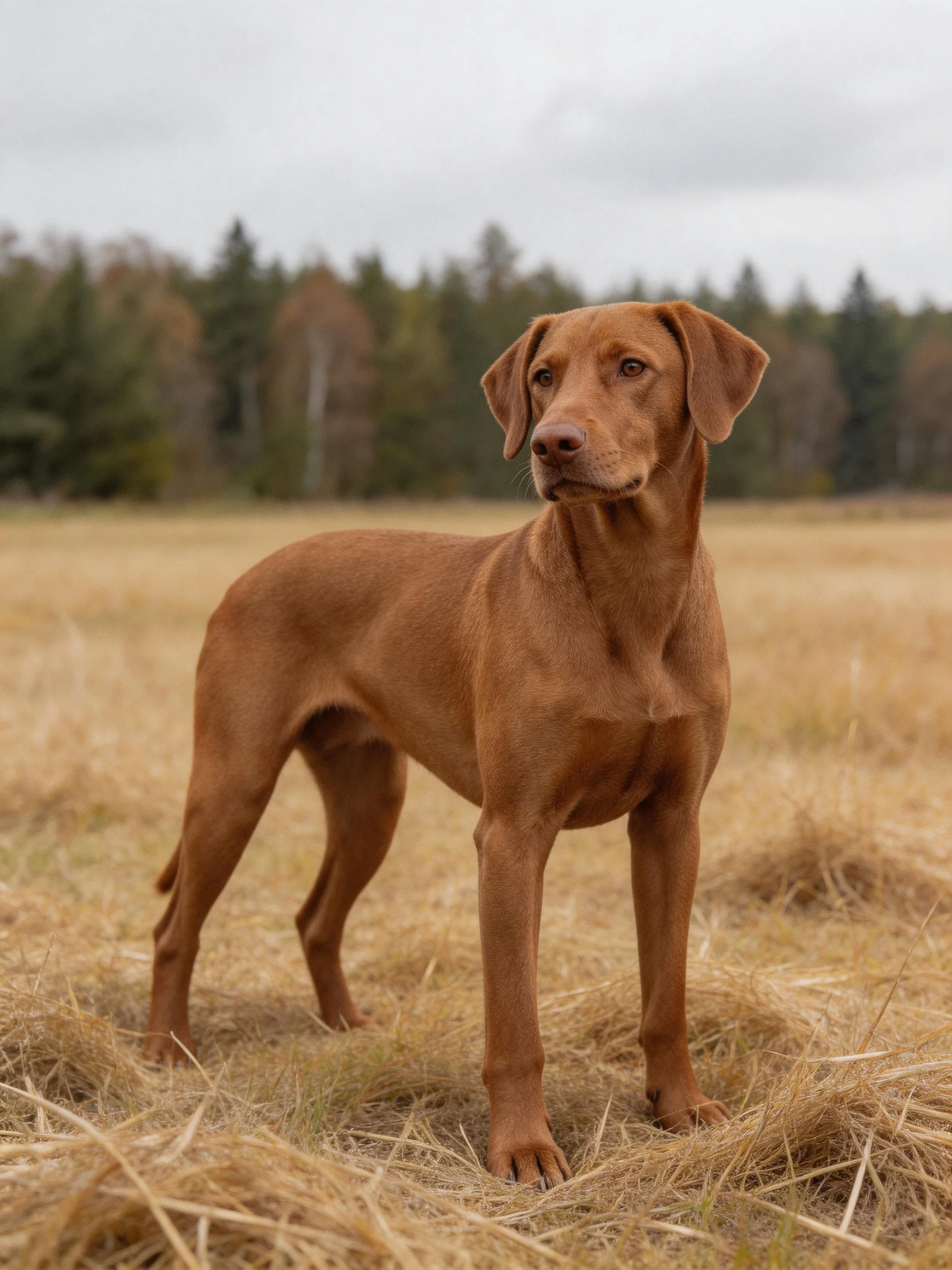 A reddish-brown dog stands alertly in a field of dry grass with trees in the distance.