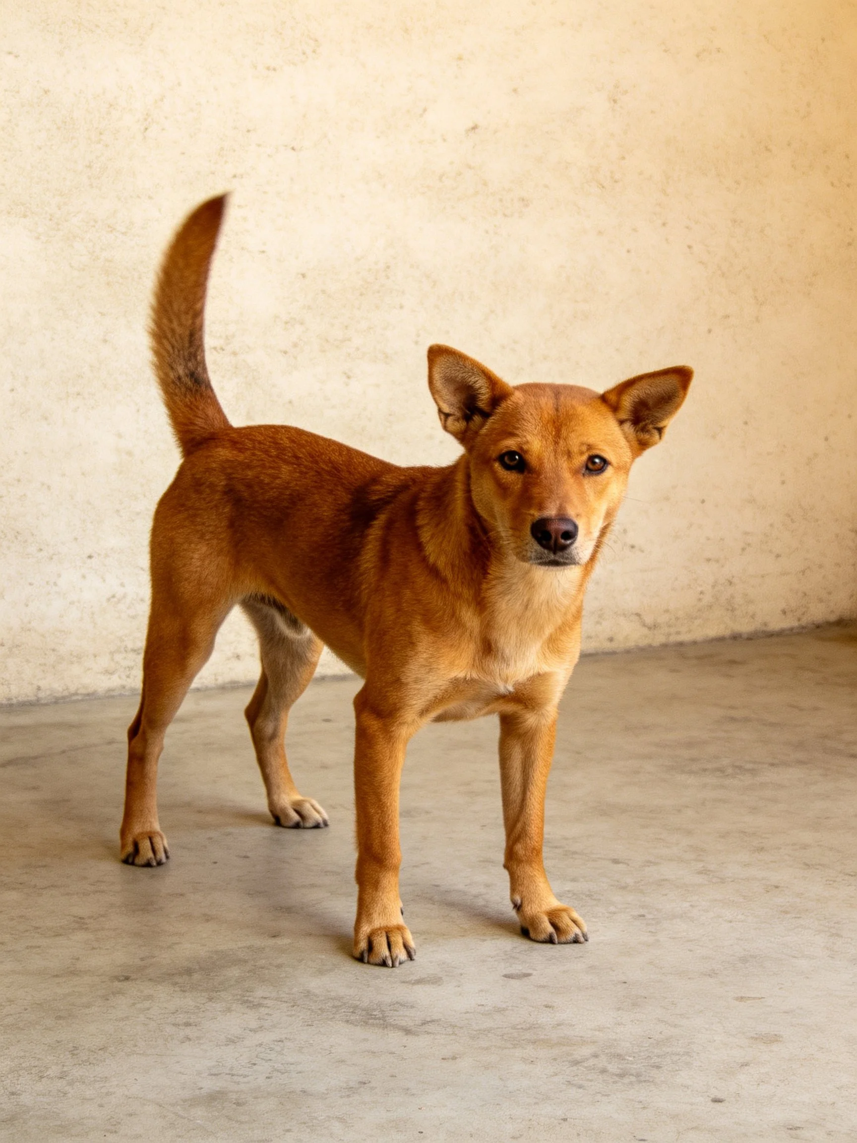 A reddish-brown dog stands on a smooth concrete floor near a textured wall
