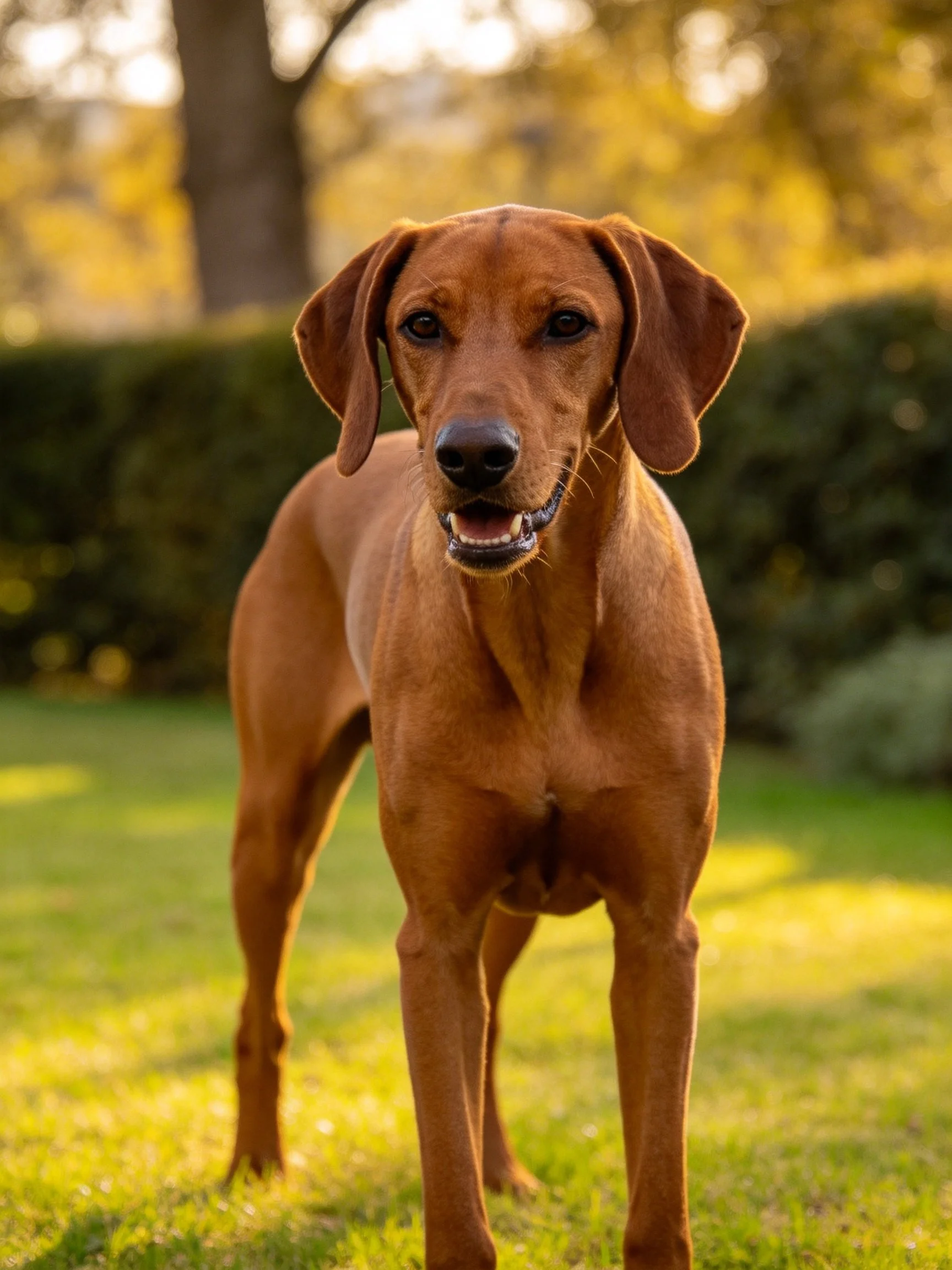 A reddish-brown dog stands on grass with blurred natural surroundings in a sunlit area.