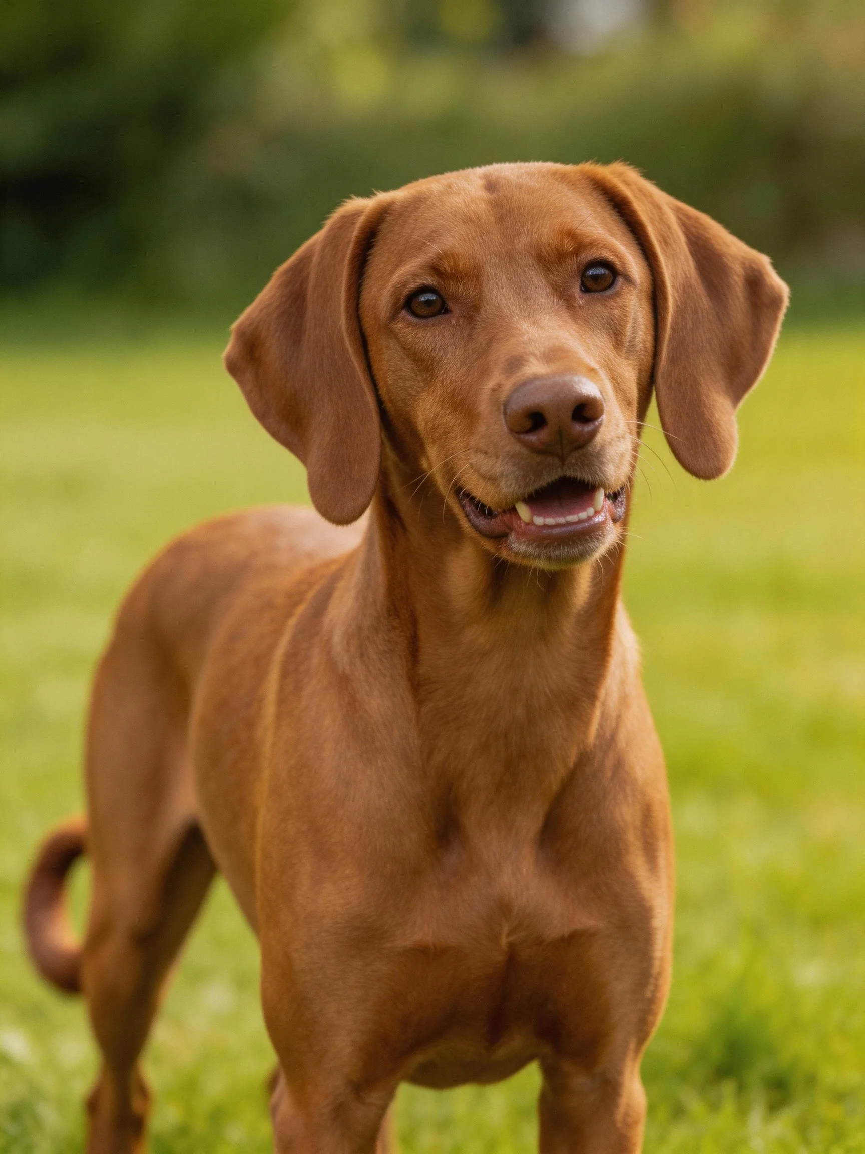 A reddish-brown dog stands alertly on a sunlit grassy area.