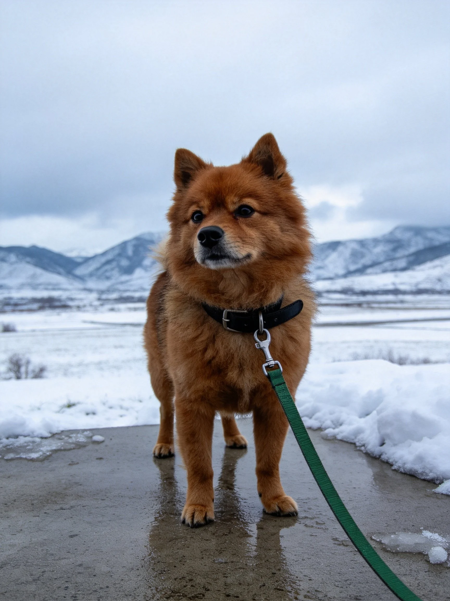A reddish-brown dog stands on wet pavement amid a snowy mountainous landscape.