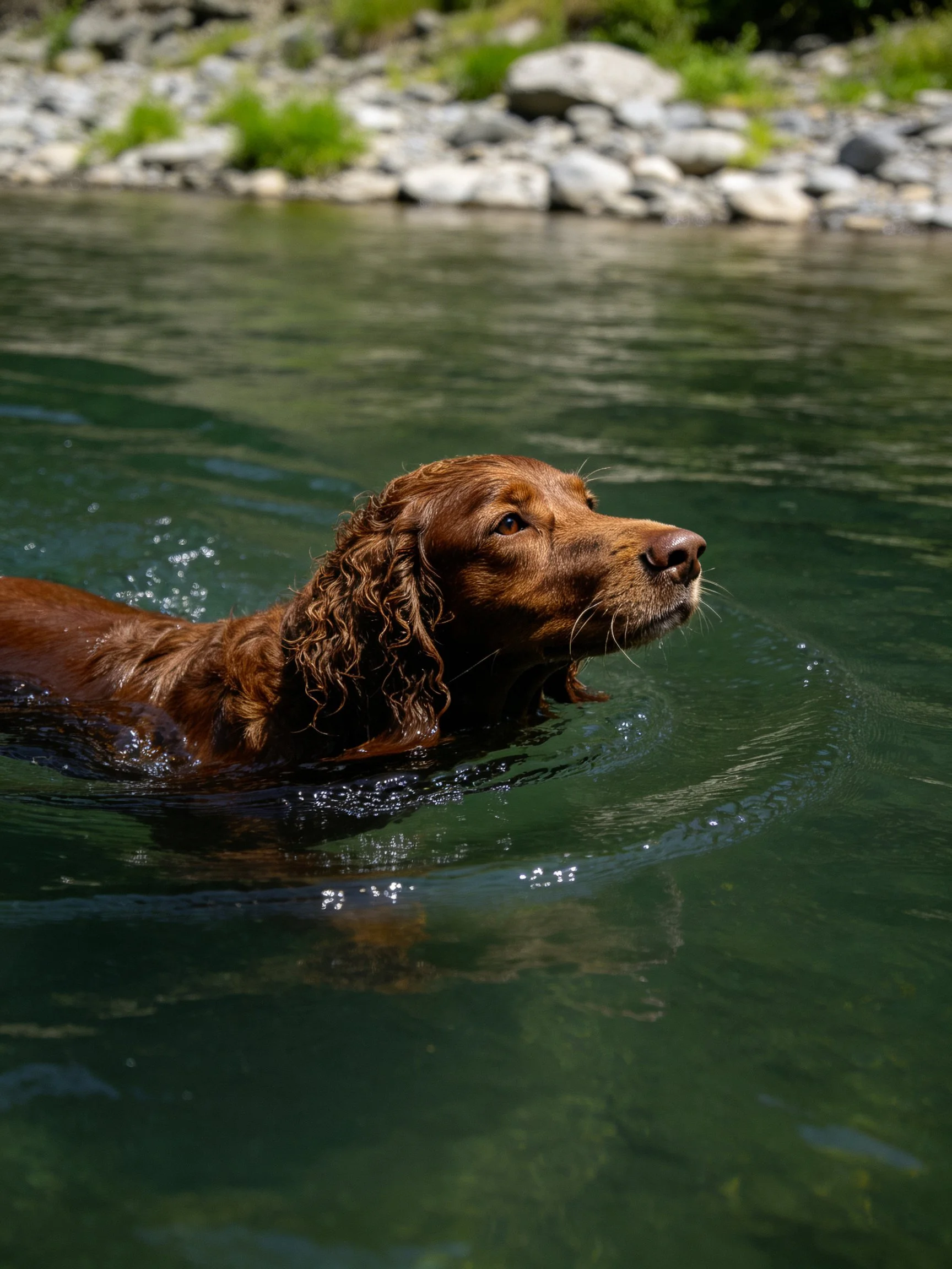 A reddish-brown dog swims in clear green water by rocky shore