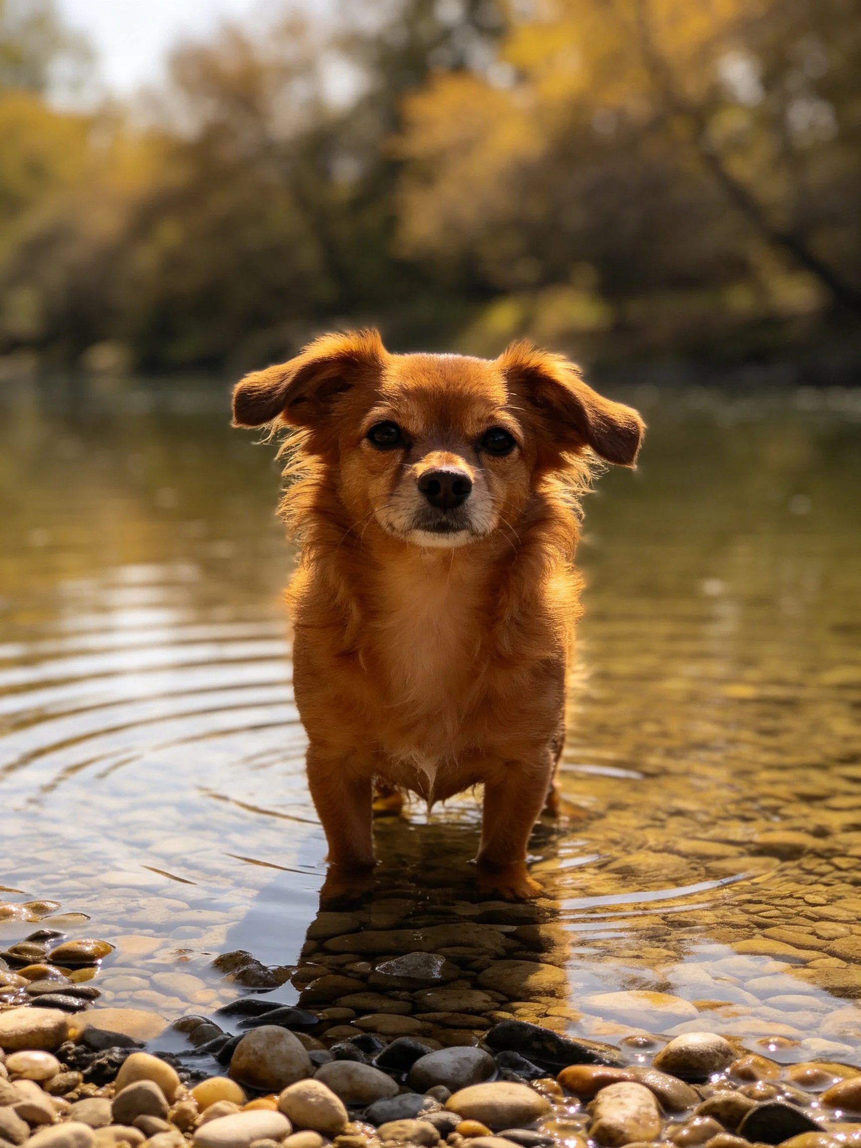 A small reddish-brown dog stands in shallow water near a rocky shoreline.