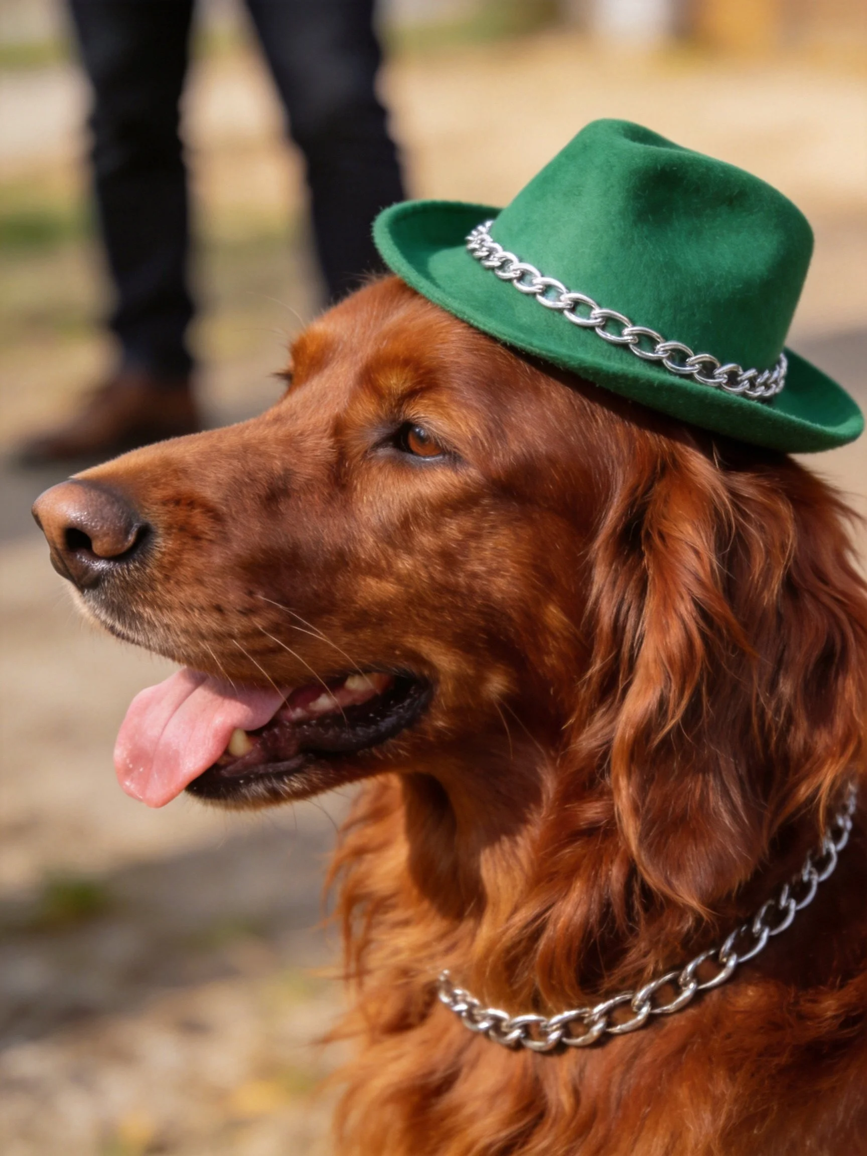 A reddish-brown dog wears a green felt hat with silver chains