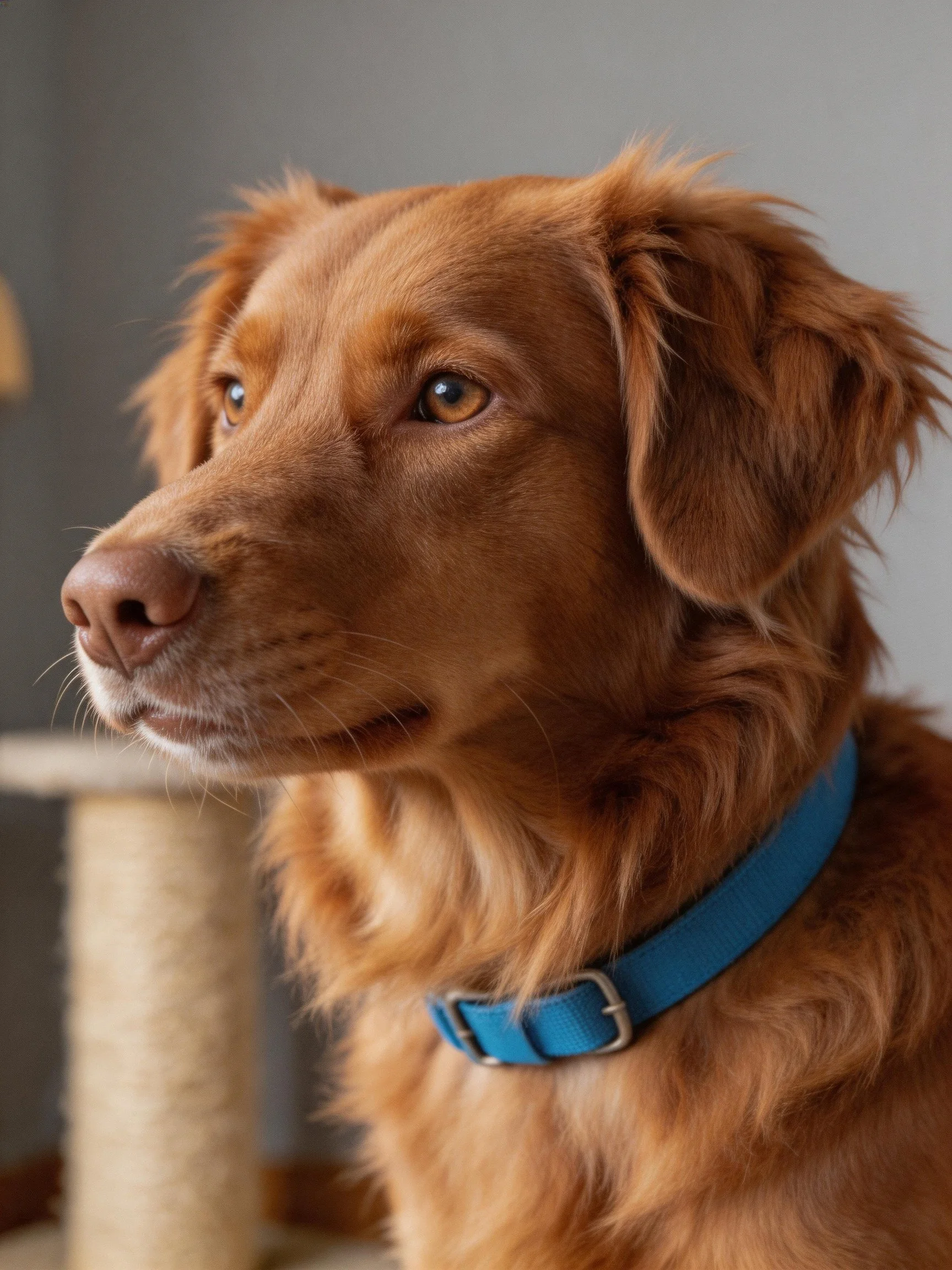A reddish-brown dog with a blue collar gazes attentively indoors