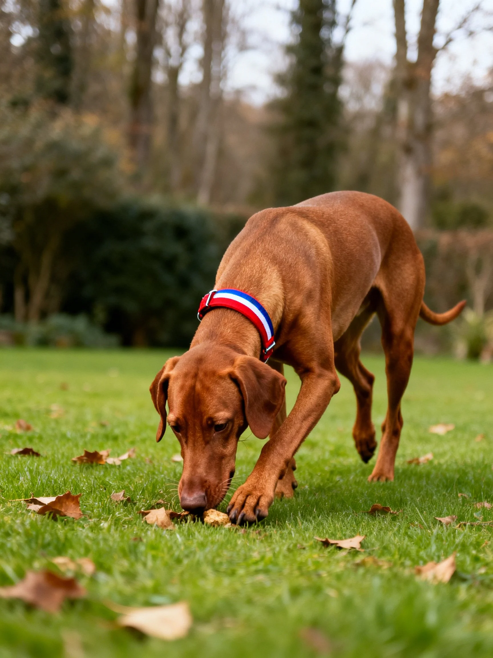 A reddish - brown dog with a tricolor collar sniffs near fallen leaves on green grass