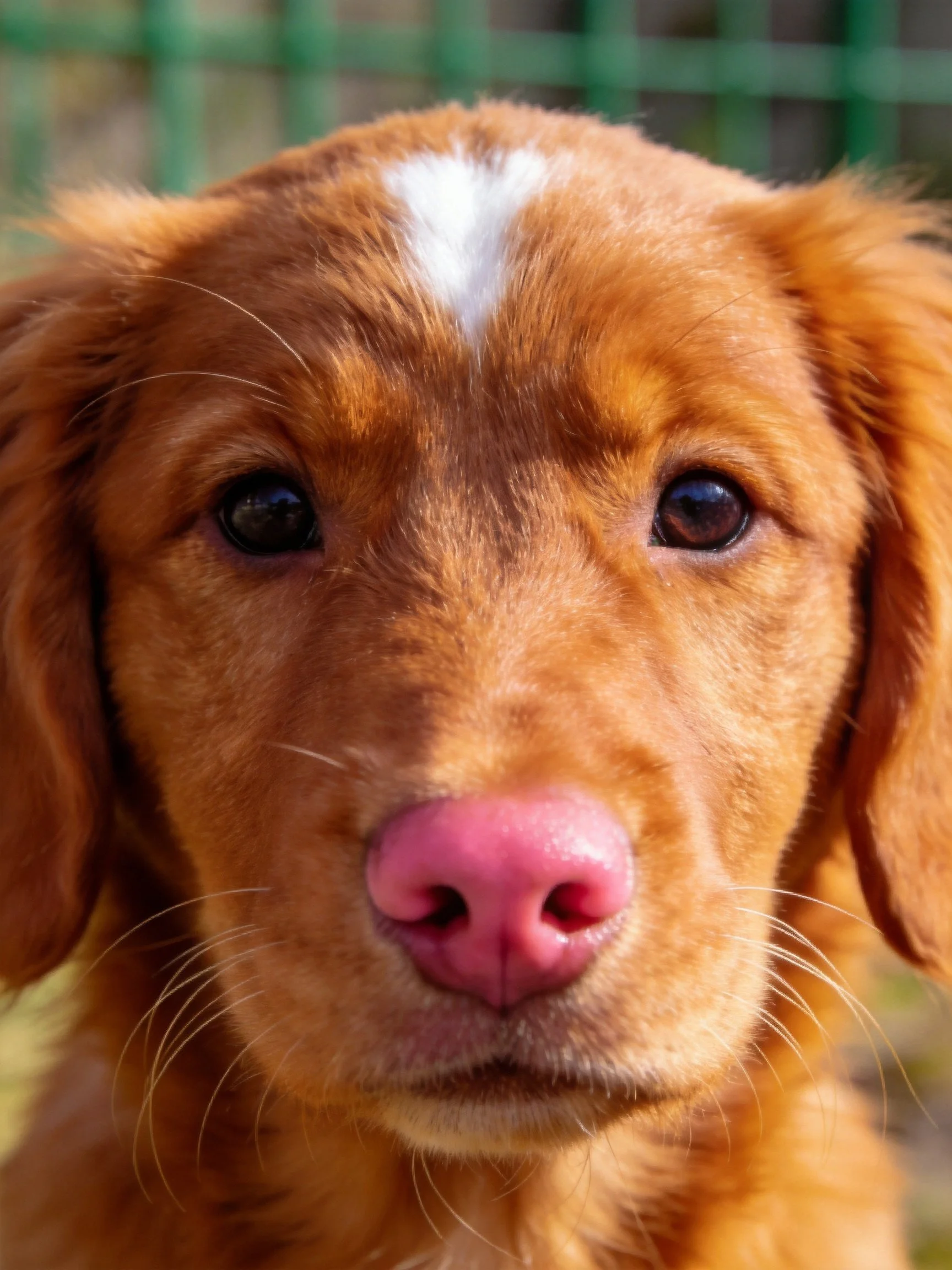 Close-up of a reddish-brown dog with a white forehead spot.