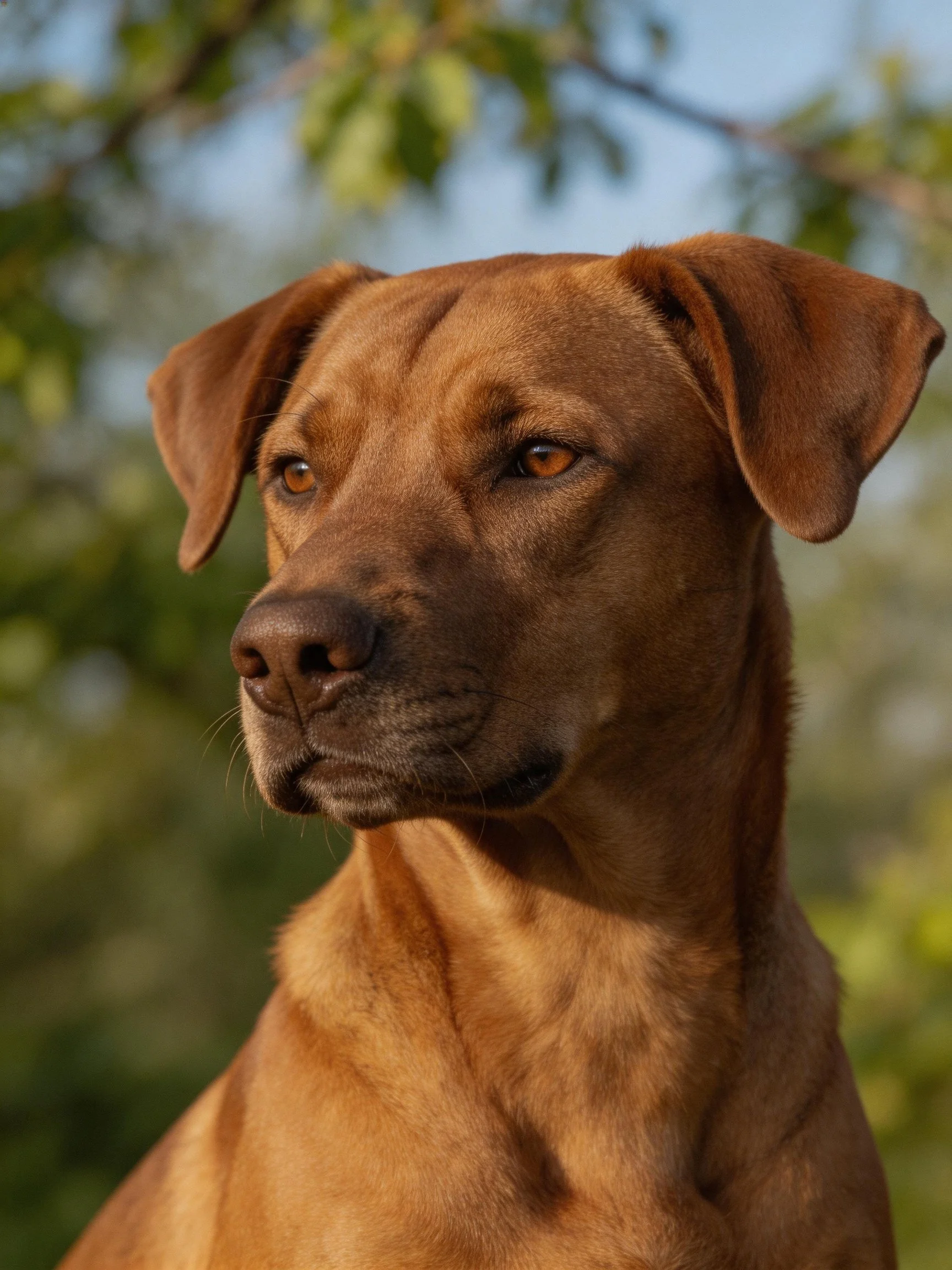 A reddish-brown dog with an alert expression outdoors