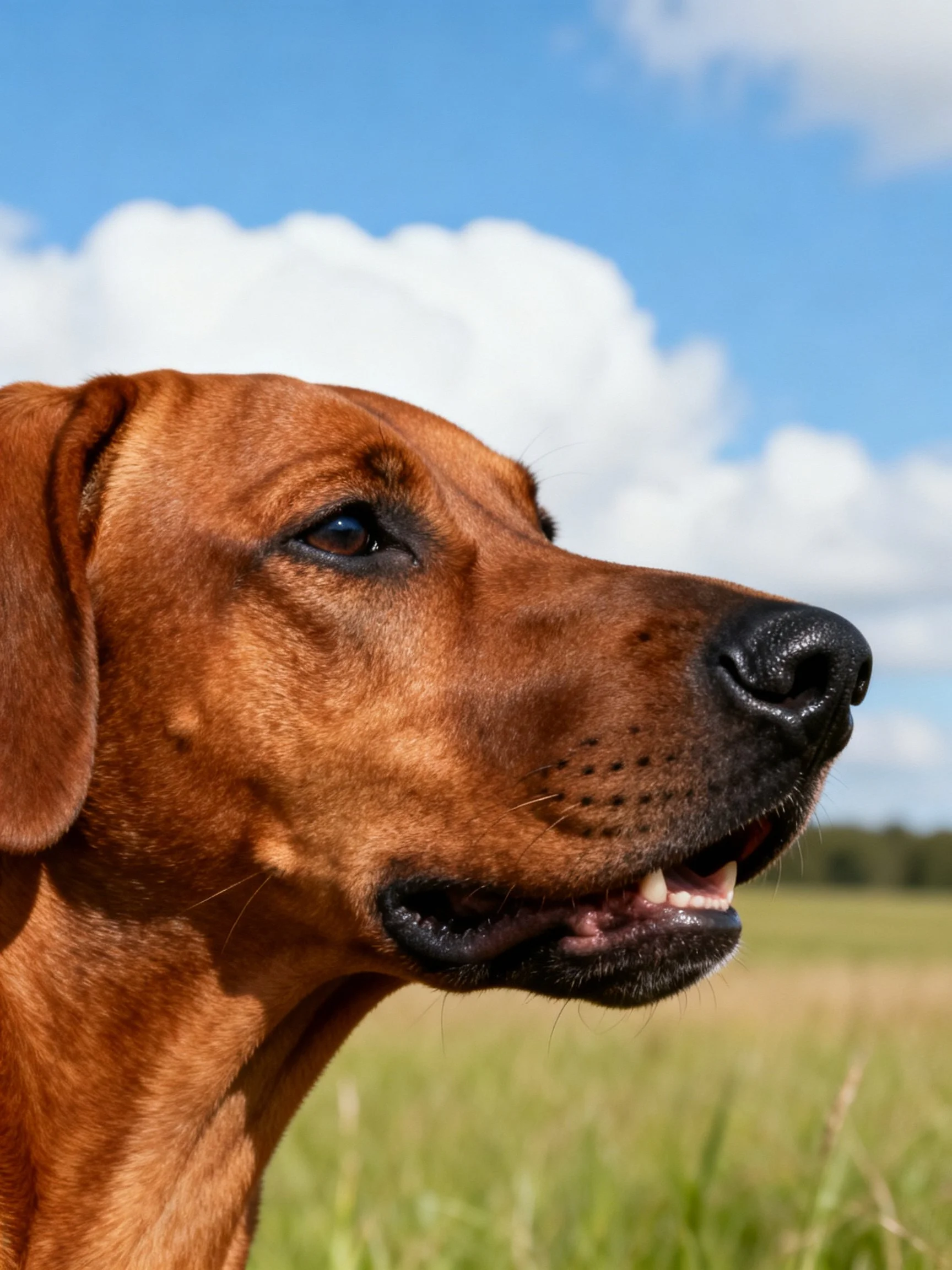 A reddish-brown dog with black nose is in a sunny open grassy area