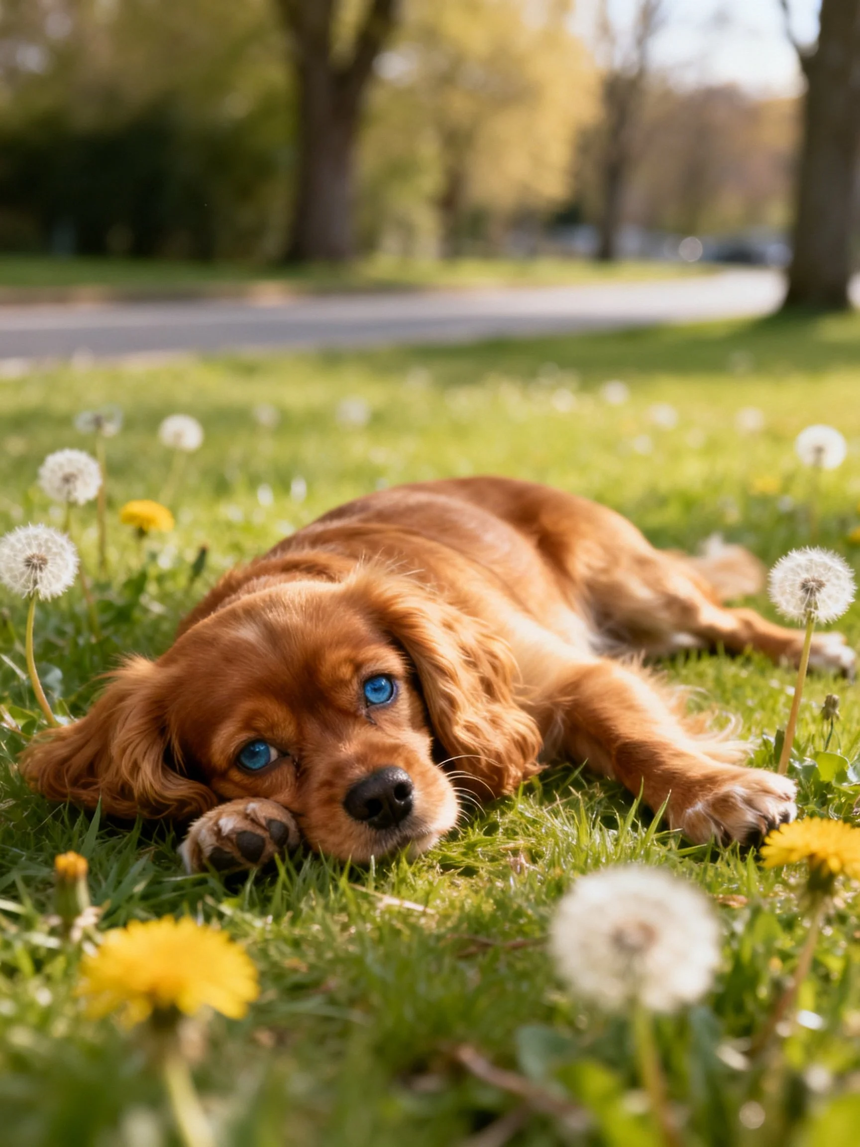 A reddish-brown dog with blue eyes relaxes on grass near dandelions