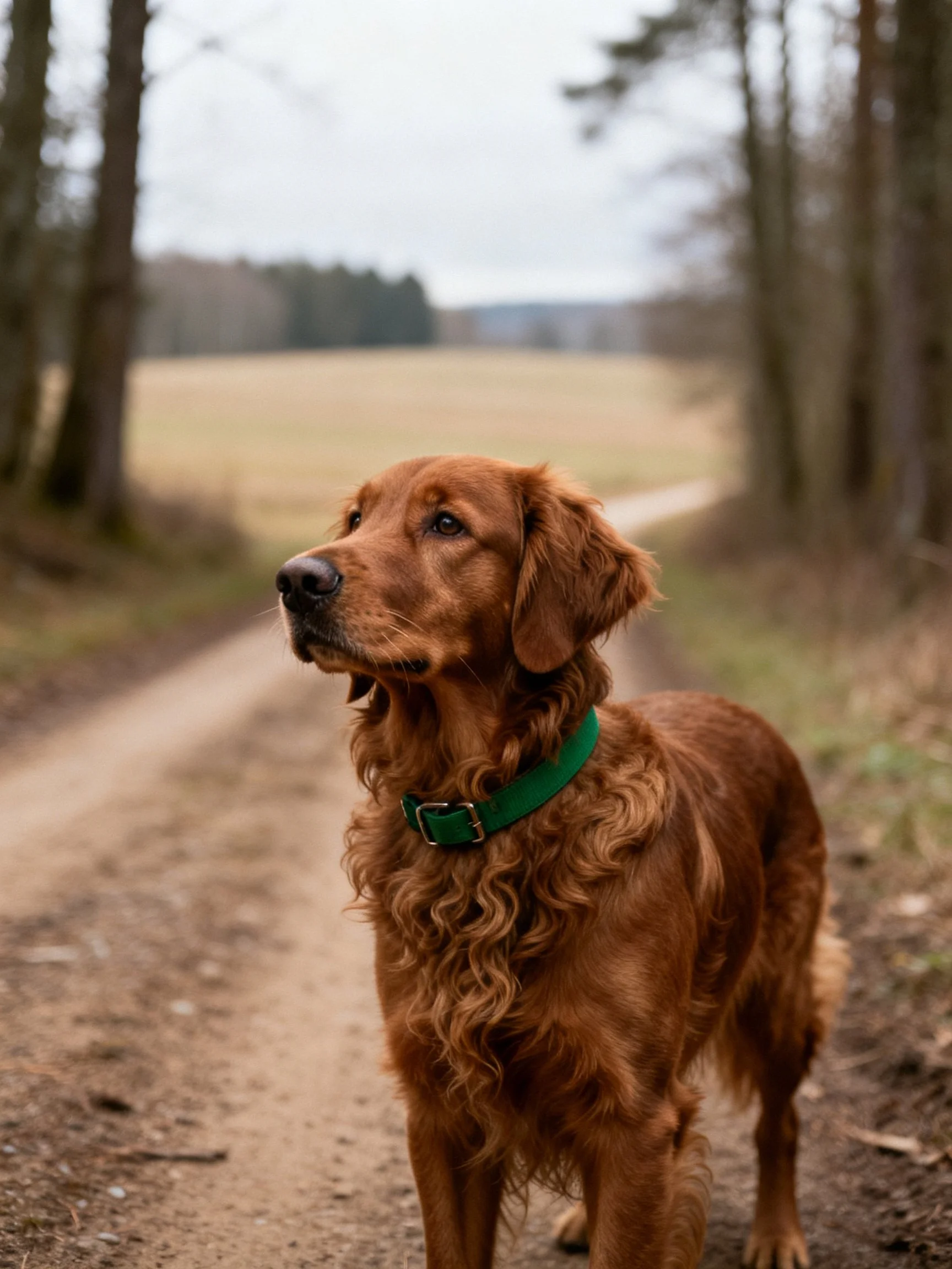 A reddish-brown dog with curly fur stands on a dirt path flanked by tall trees.