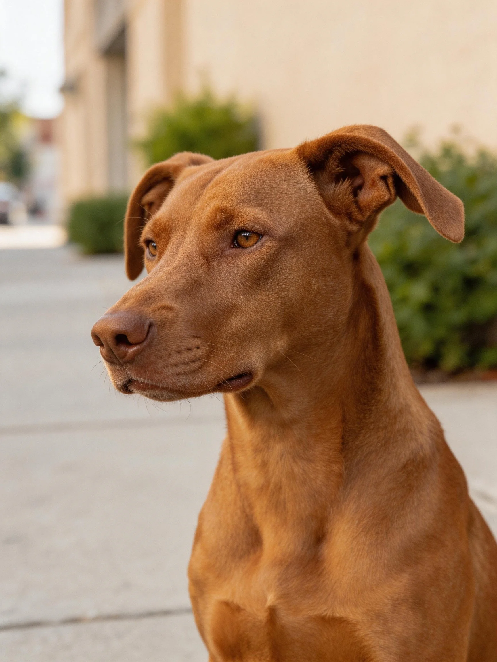 A reddish-brown dog with floppy ears on a sidewalk