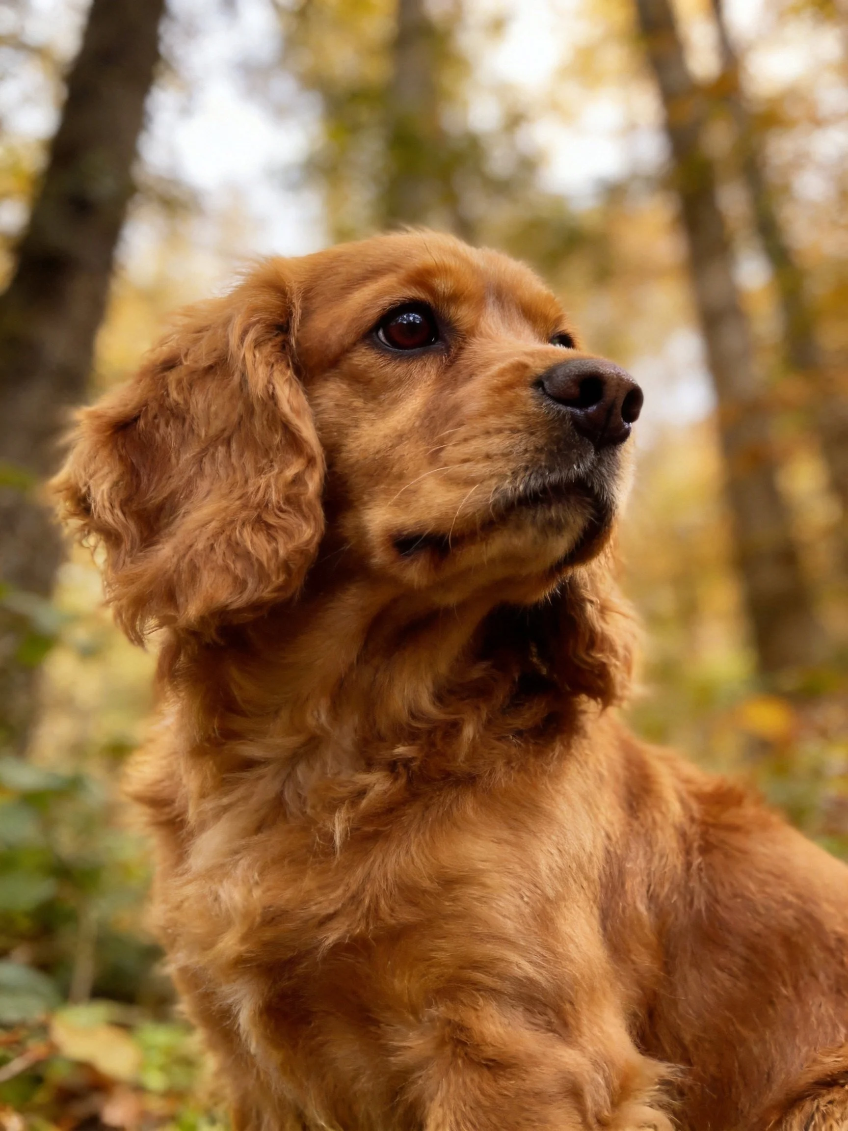 A reddish-brown dog gazes thoughtfully among autumnal trees.