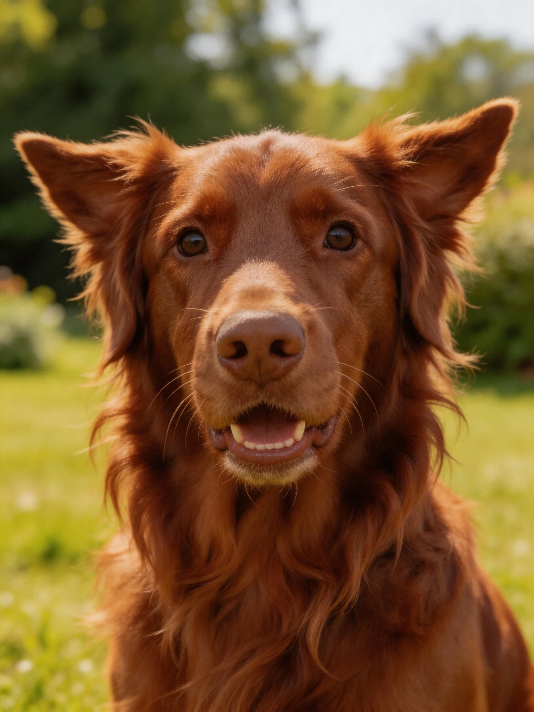 A reddish-brown dog with long fur is shown in a sunlit outdoor setting.