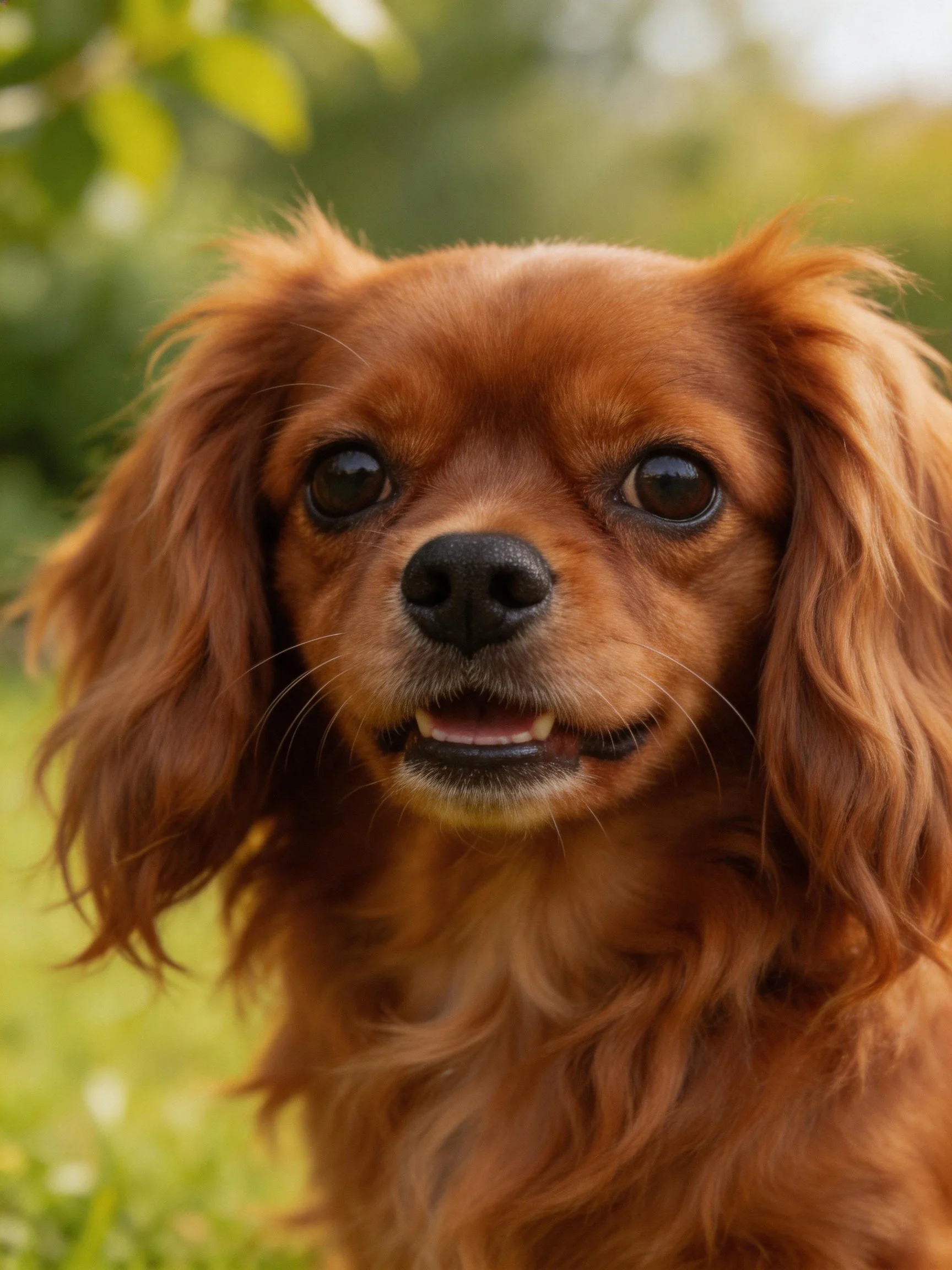 A reddish-brown dog is photographed up close in a green outdoor space.