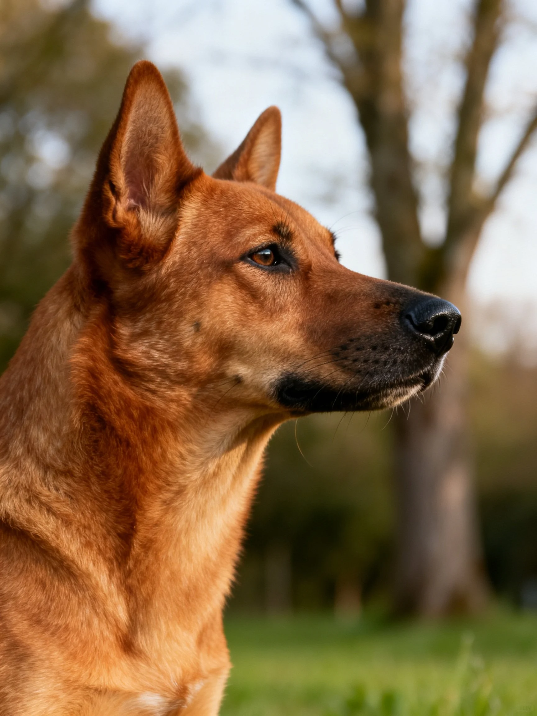 A reddish-brown dog with perked ears in a natural outdoor space