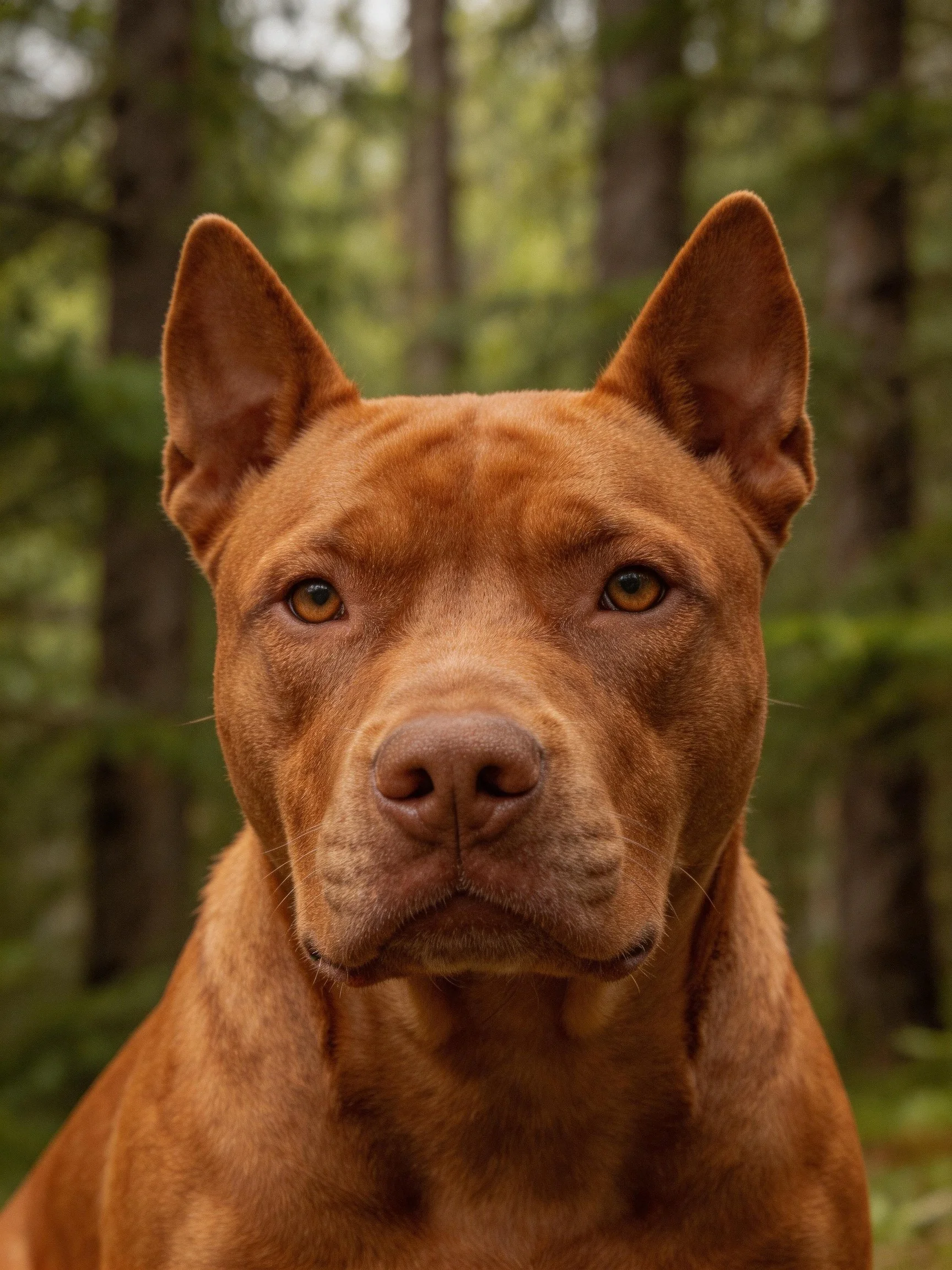 A reddish-brown dog with upright ears in a forest