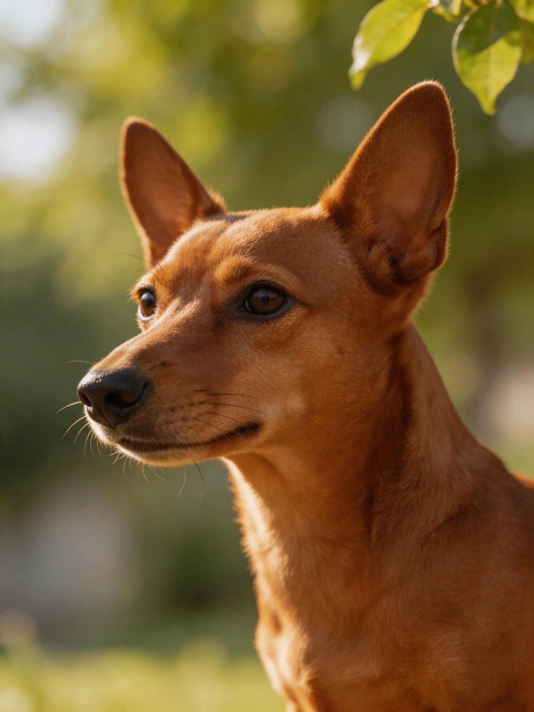 A reddish-brown dog with upright ears in a sunlit outdoor setting