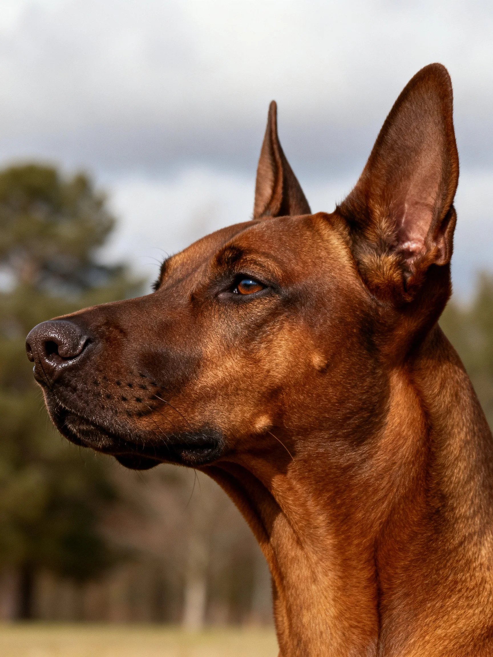 A reddish-brown dog with upright ears in an outdoor landscape