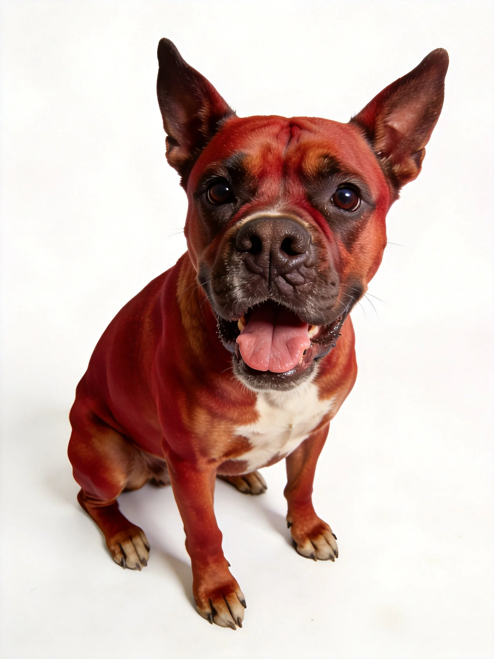 A reddish-brown dog with upright ears sits on a white surface