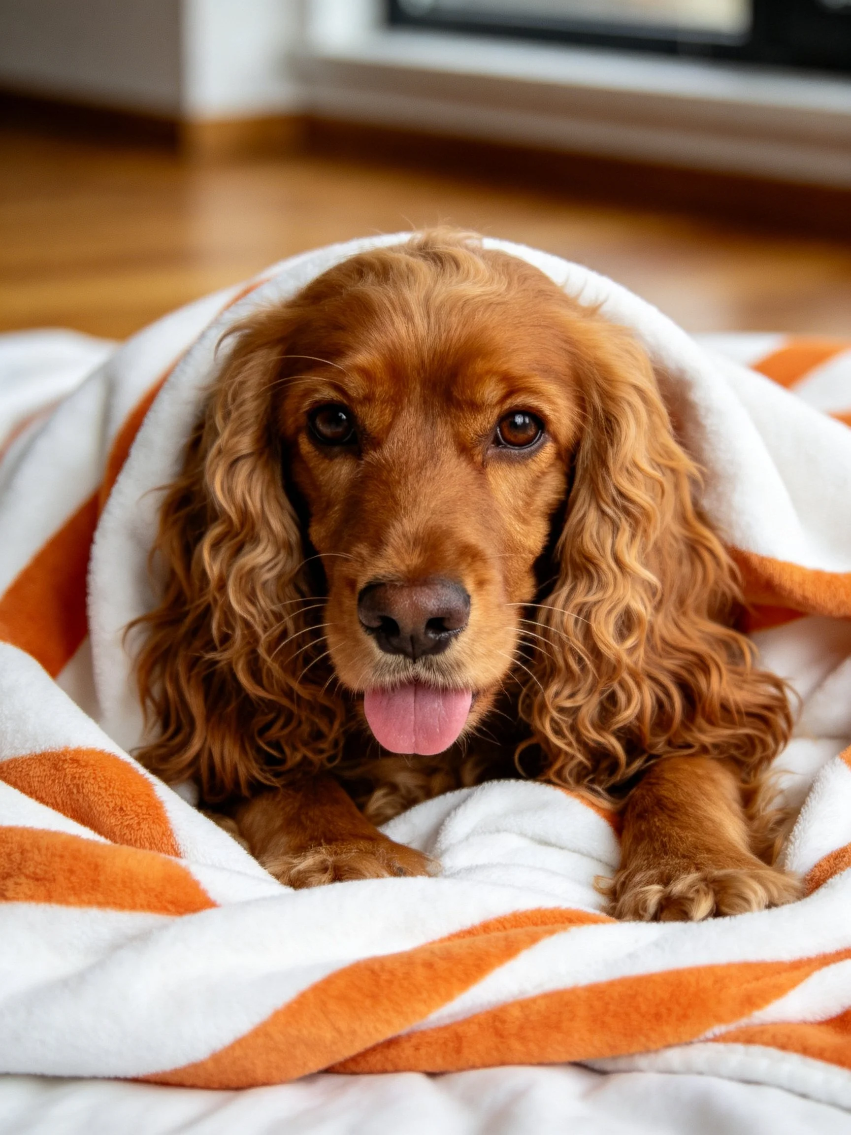 A reddish-brown dog wrapped in an orange and white striped blanket