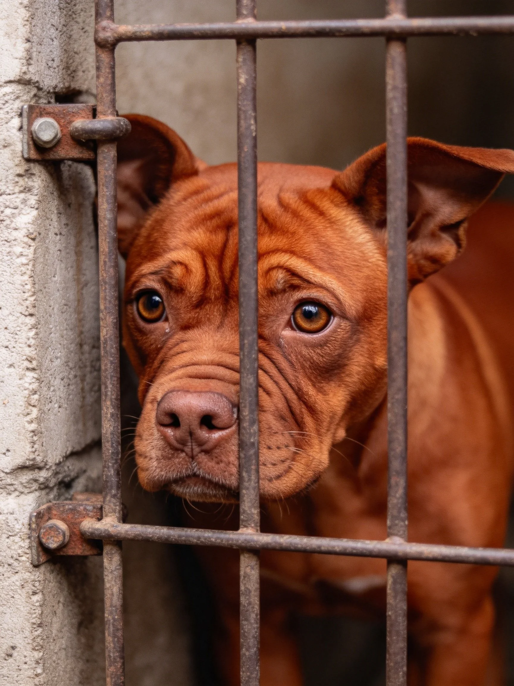 A reddish-brown dog gazes somberly through metal bars