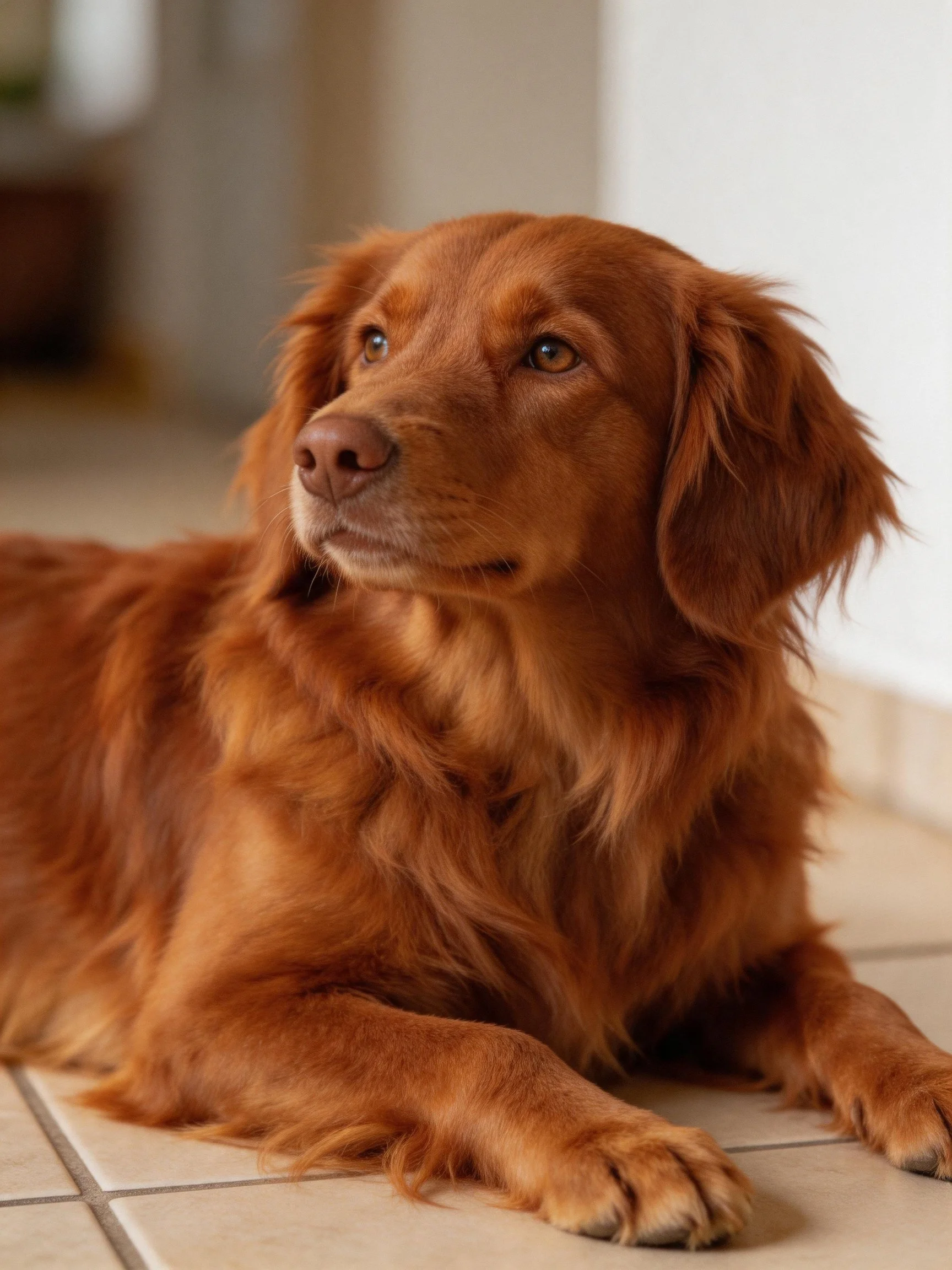 A reddish-brown long-haired dog rests on indoor tile flooring
