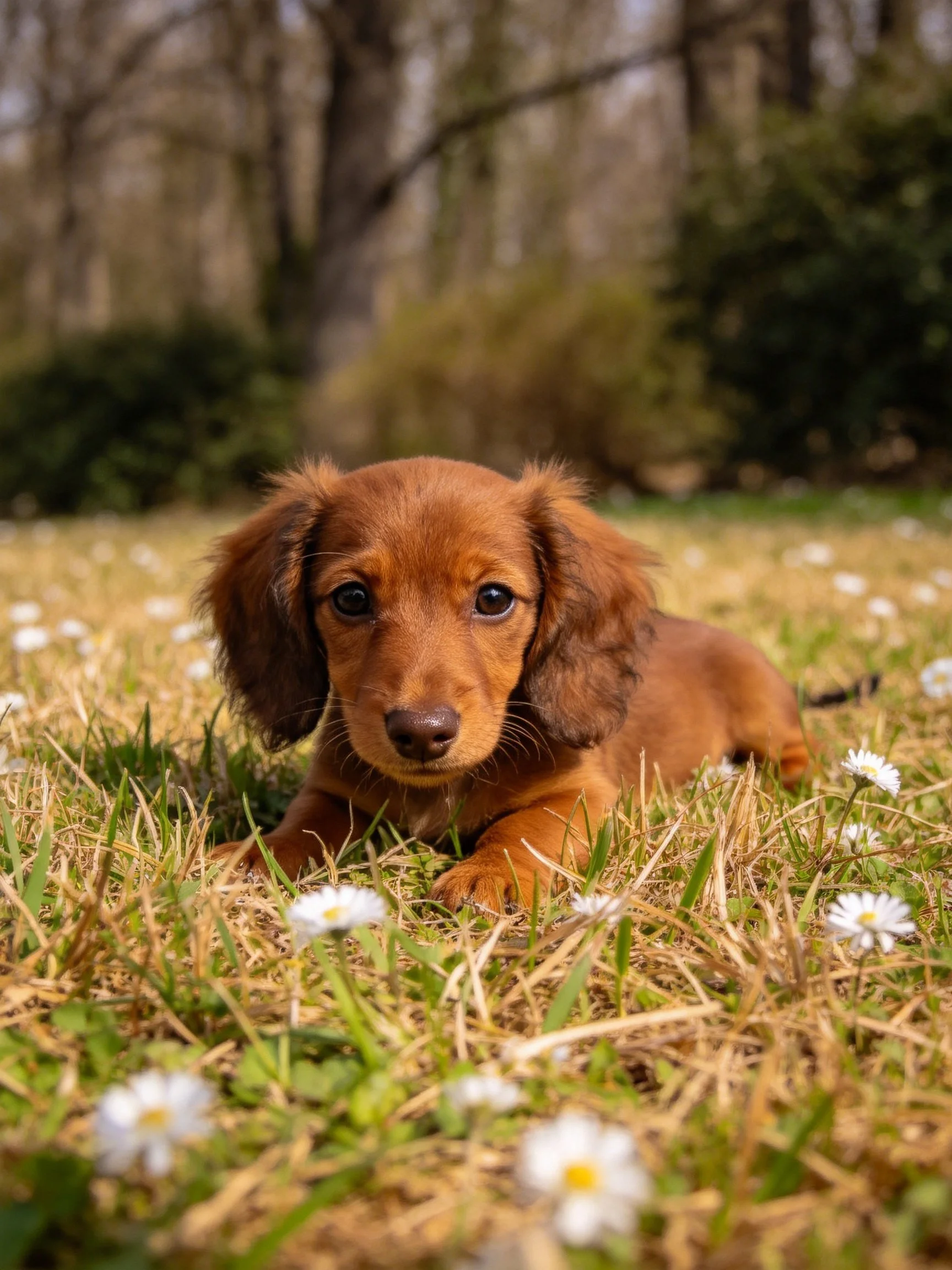A reddish-brown puppy rests among daisies in a sunlit field.