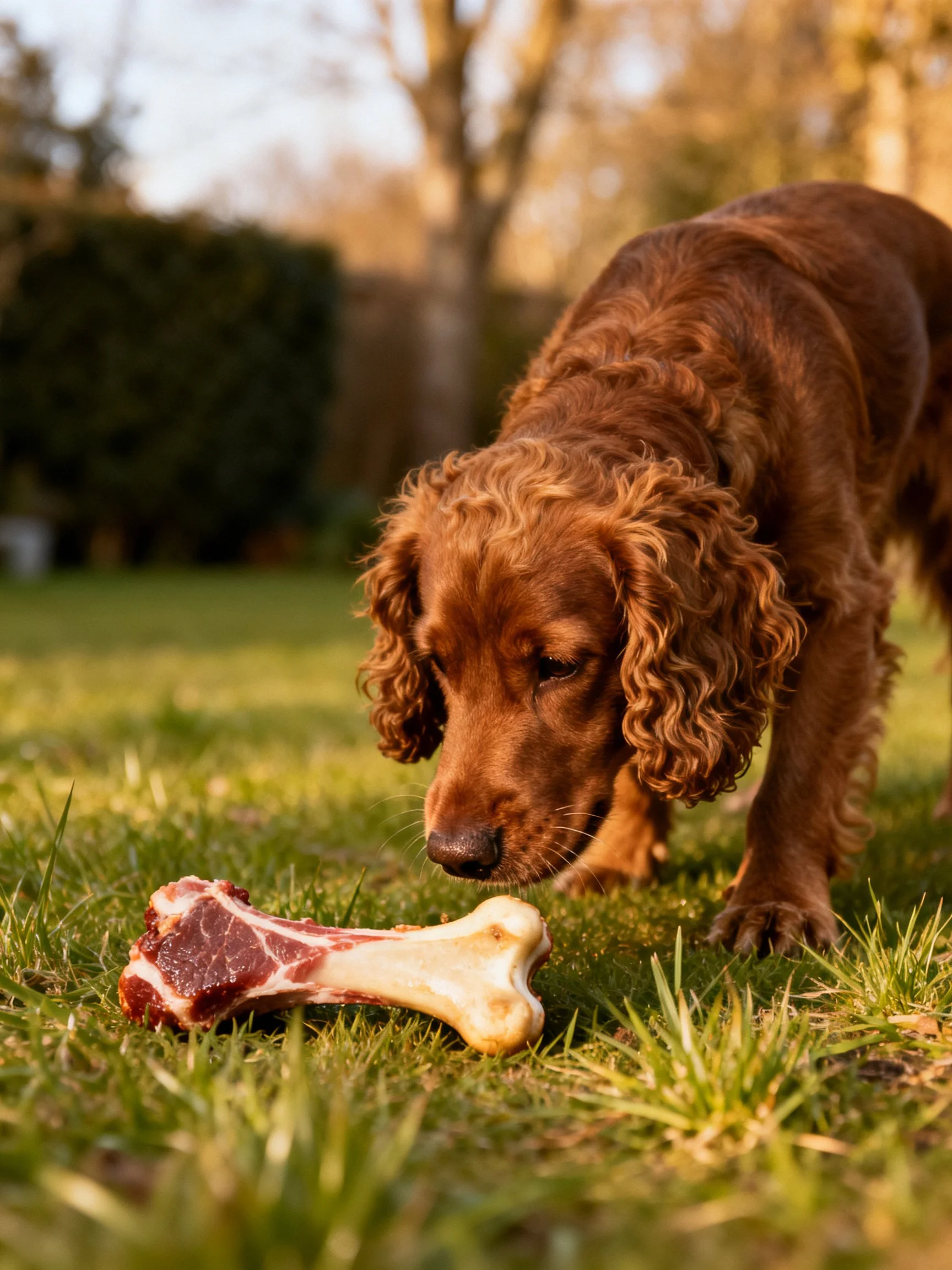 A reddish-brown spaniel investigates a large raw meaty bone outdoors