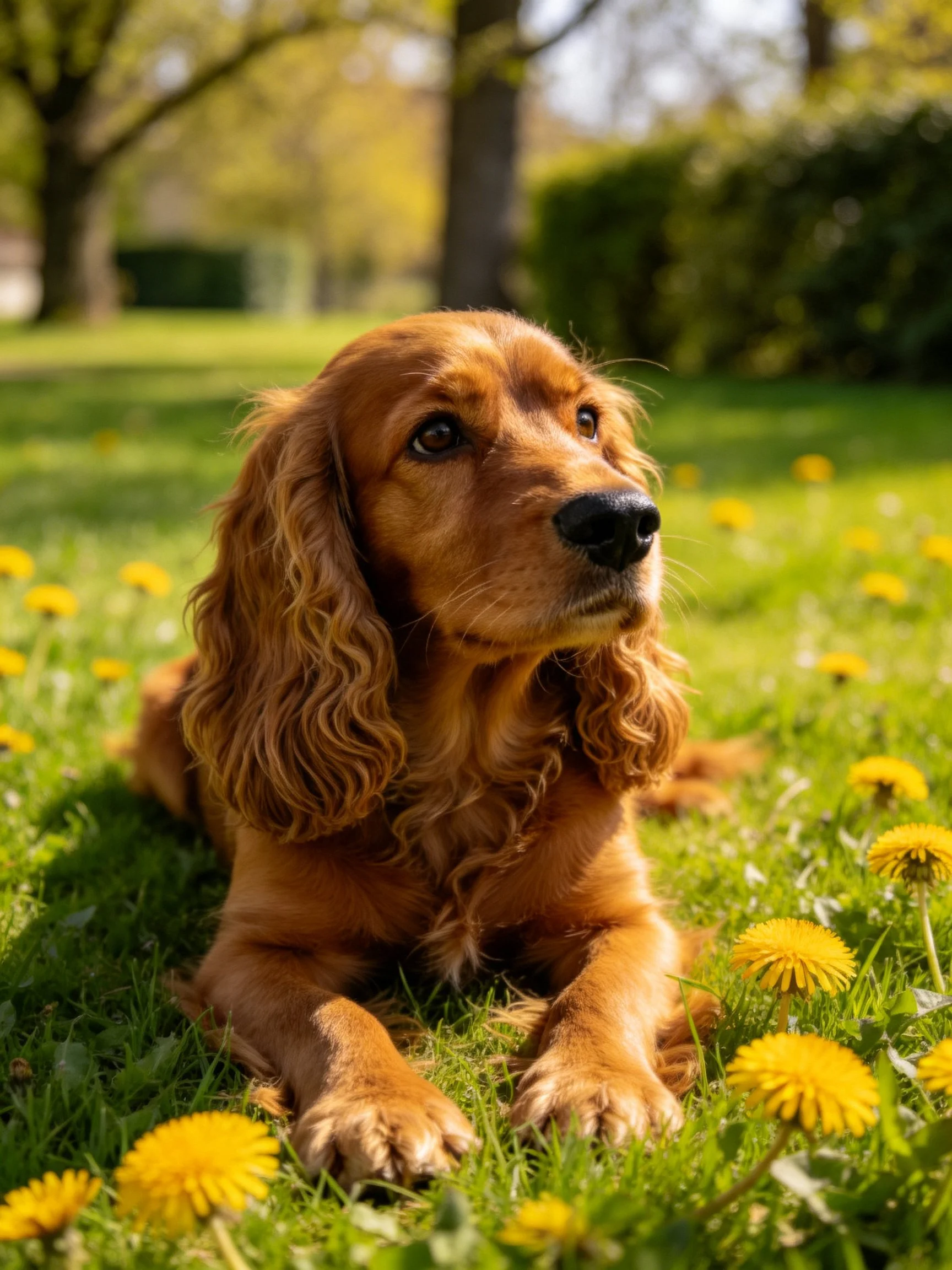 A reddish-brown spaniel relaxes on green grass amid yellow dandelions