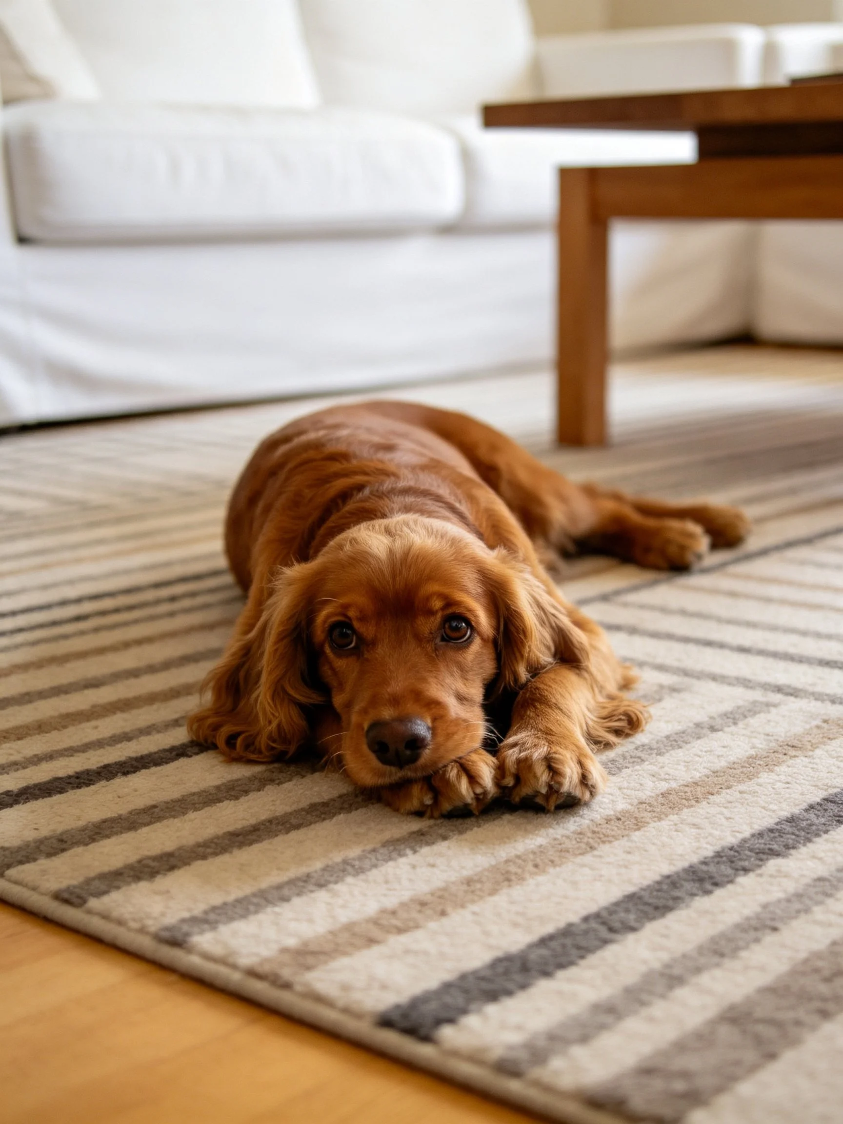 A reddish-brown spaniel relaxes on a striped rug in a well-lit living room.