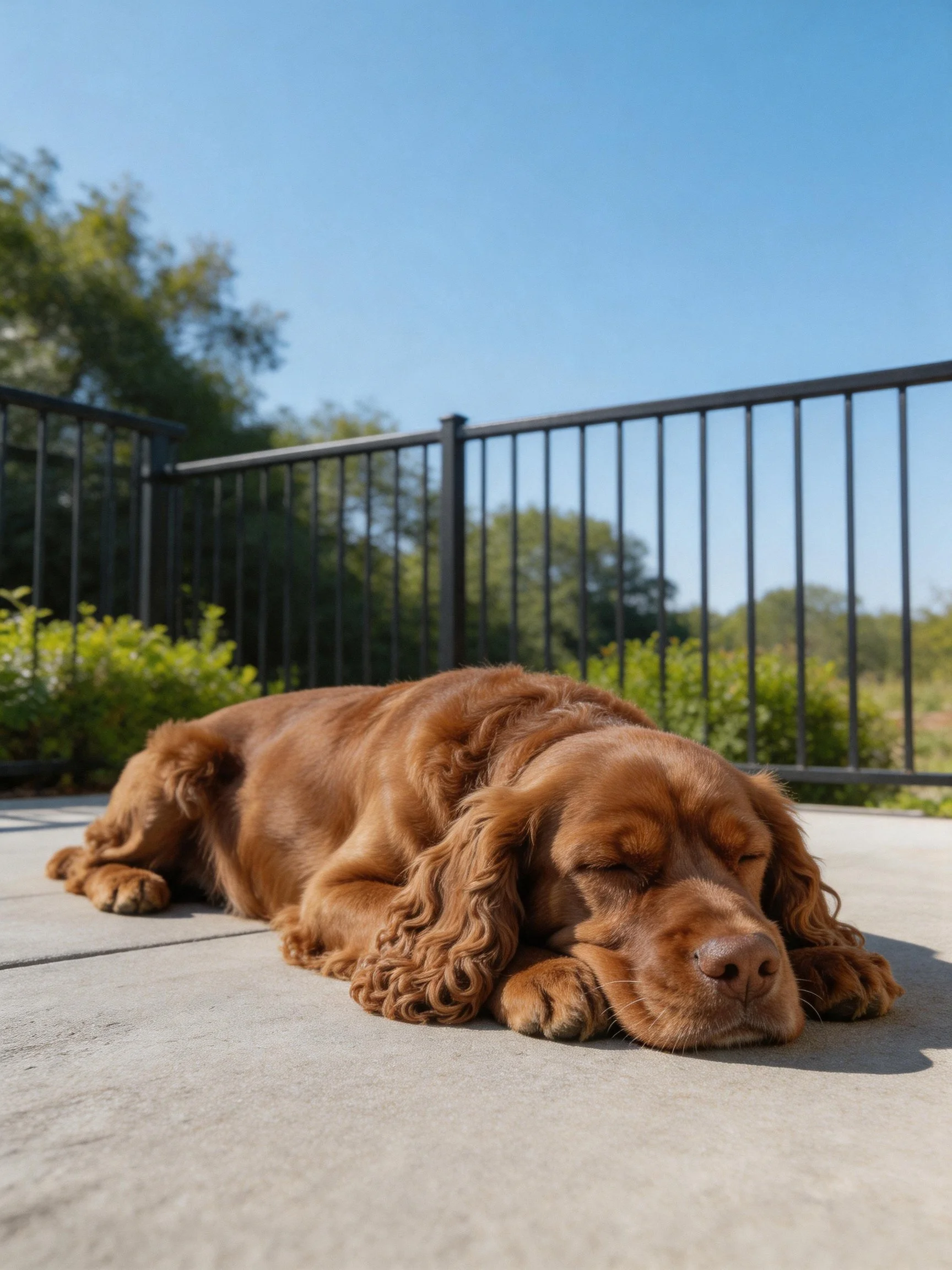 A reddish-brown spaniel sleeps on a concrete patio in sunny weather.