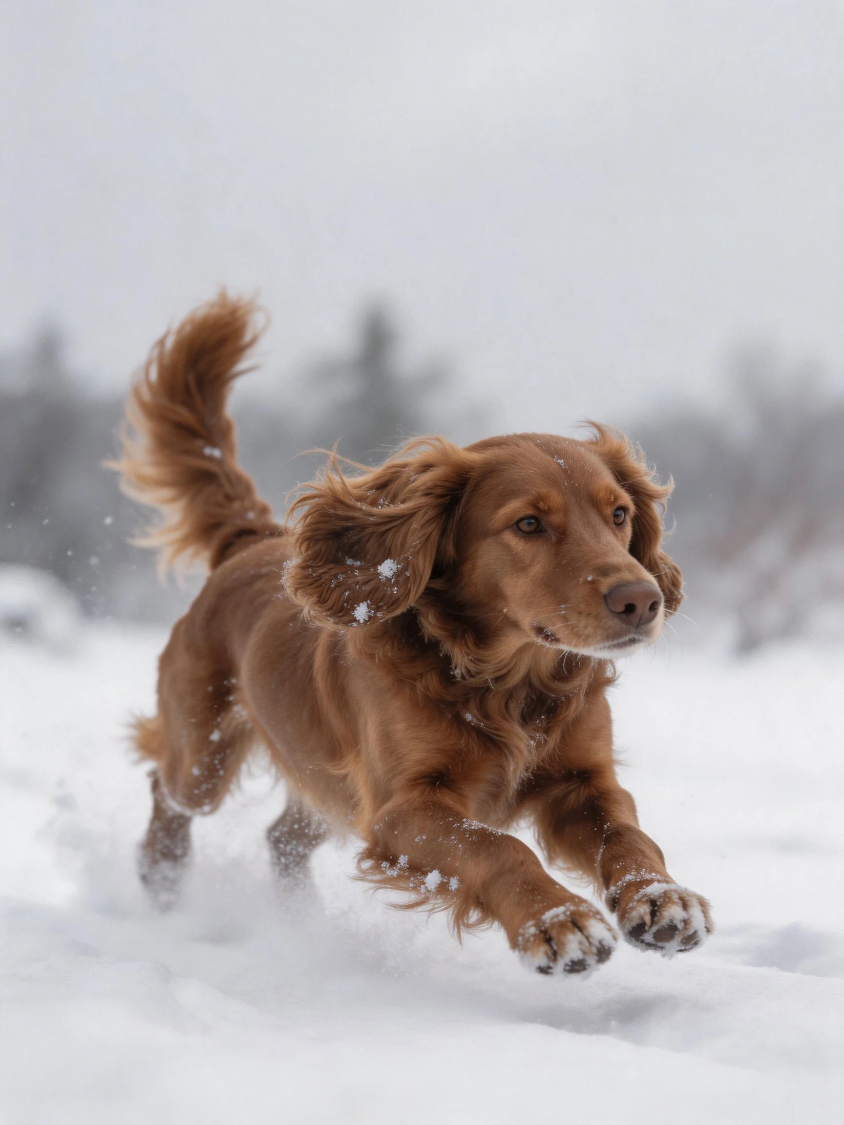 A reddish - brown spaniel running through deep snow