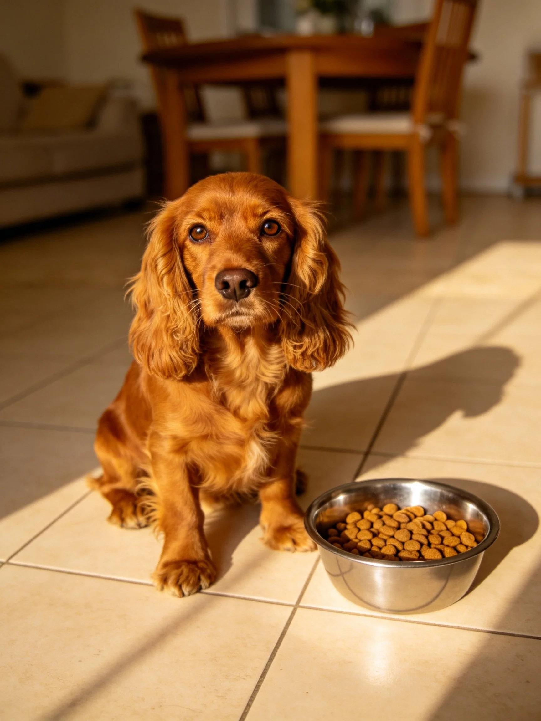 A reddish-brown spaniel sits next to a metal bowl of kibble in a sunlit room.