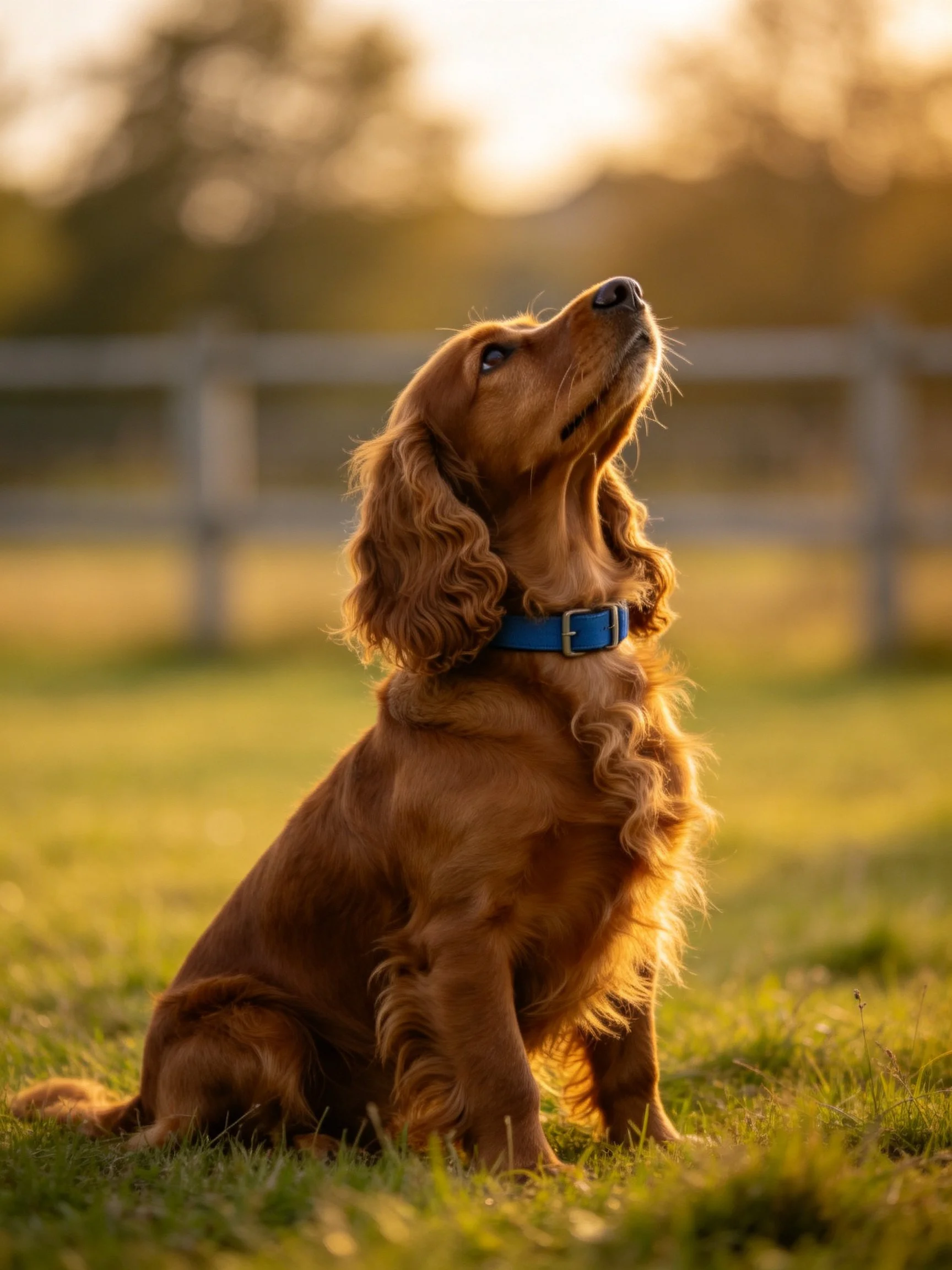 A reddish-brown spaniel with a blue collar sits ongrass beneath warm evening light.