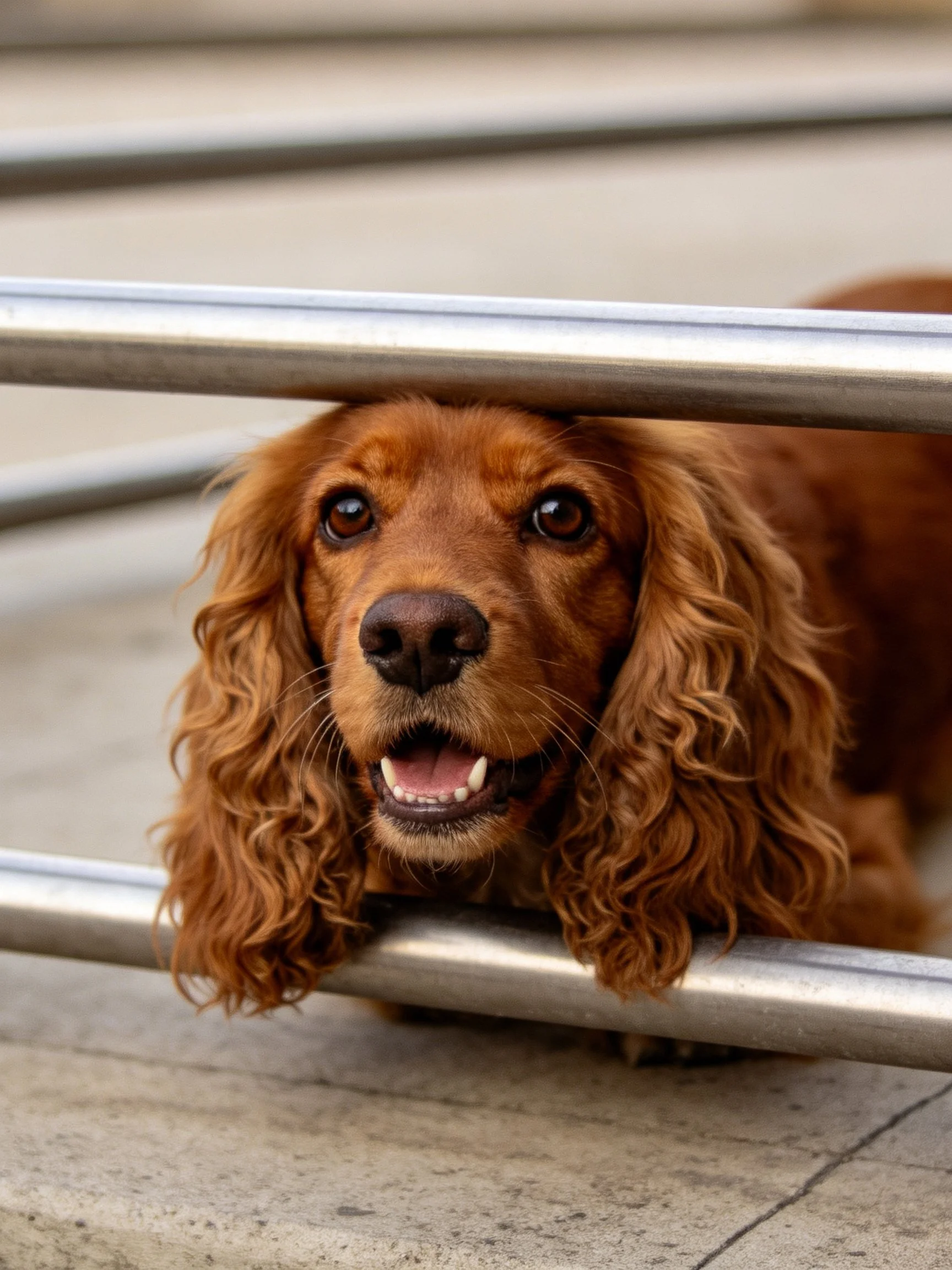 A reddish-brown spaniel with curly fur peers through metallic bars