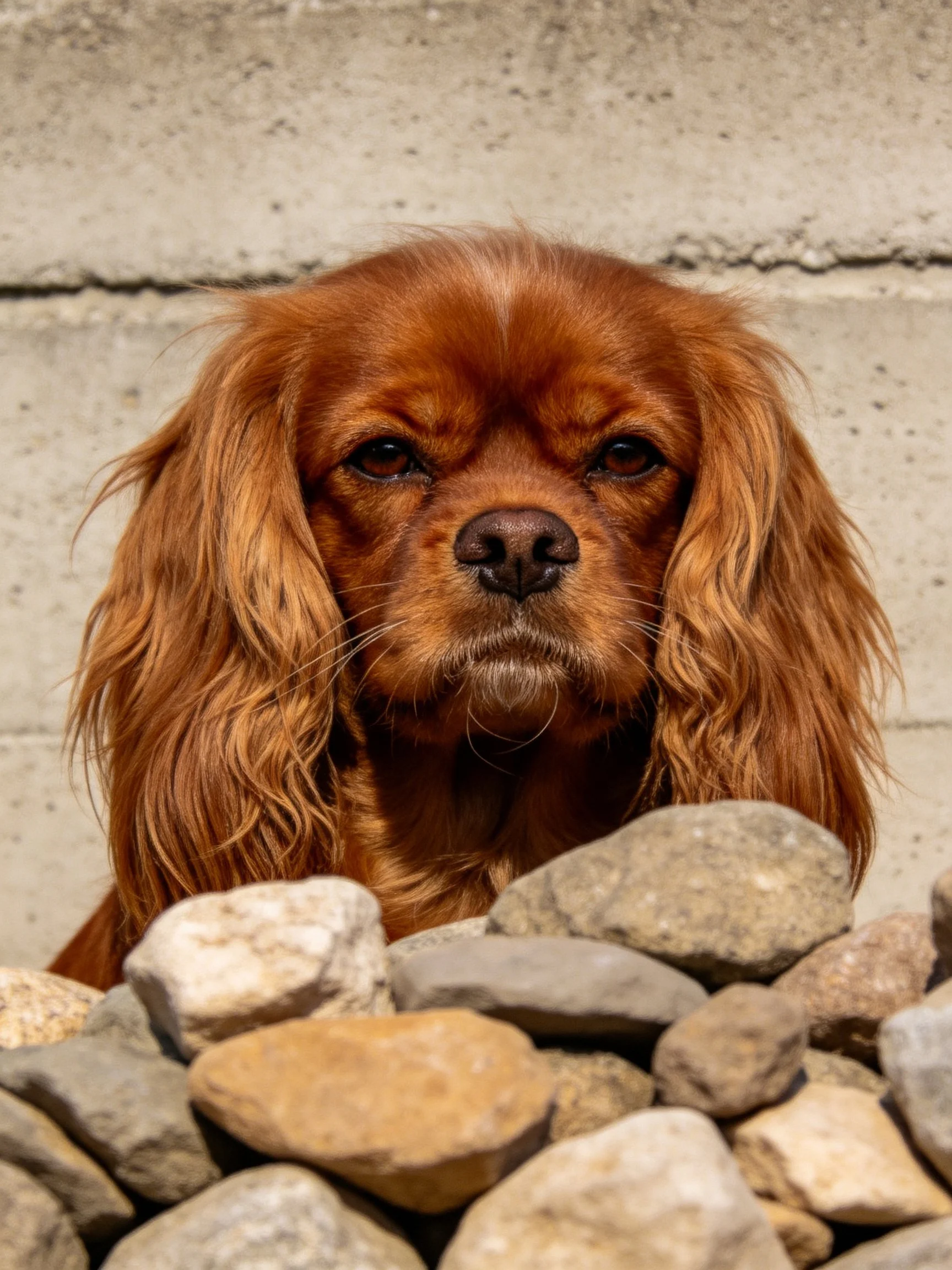 A reddish-brown spaniel with long fur peeks over smooth stones near a textured concrete wall