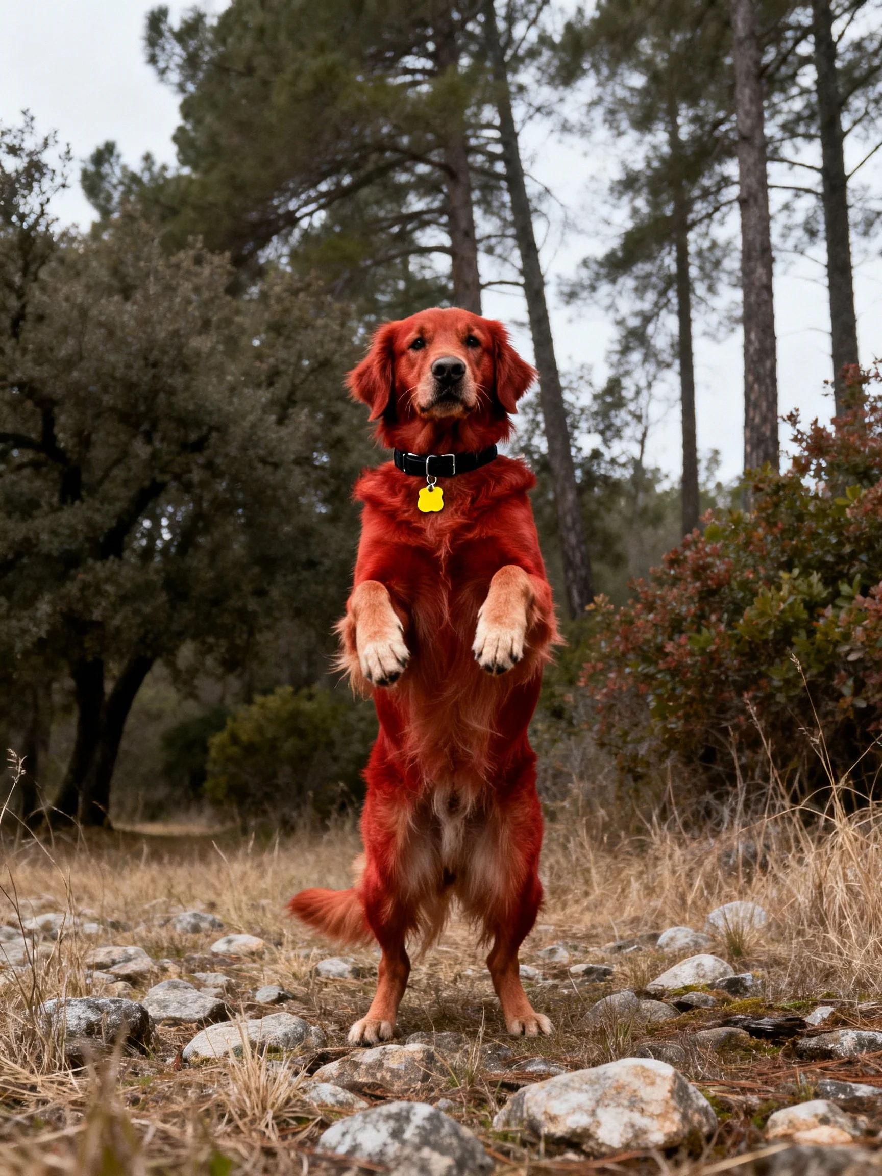 A reddish golden retriever stands upright on hind legs in a wooded, rocky landscape