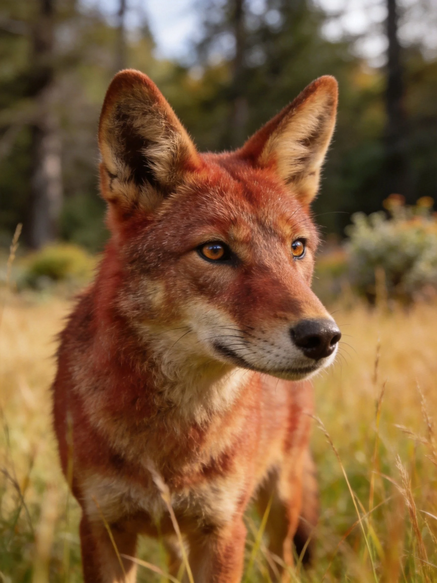 A reddish wild dog stands alert in a sunlit grassy area with trees.