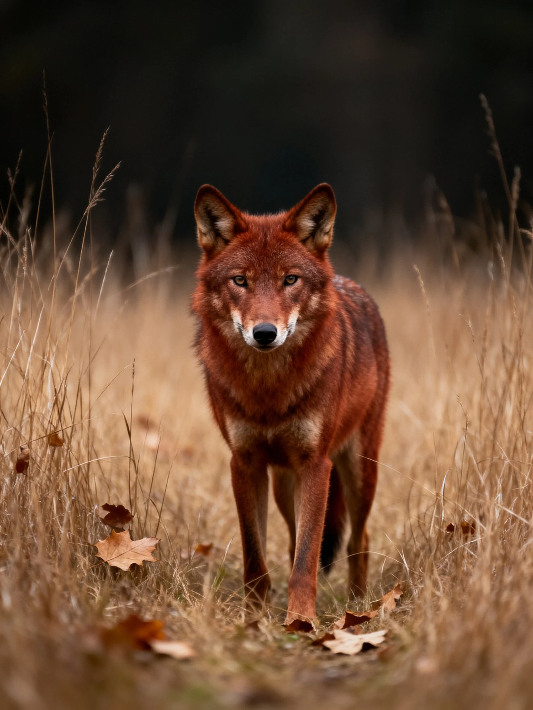 A reddish wolf moves through tall golden grass amid scattered brown leaves.