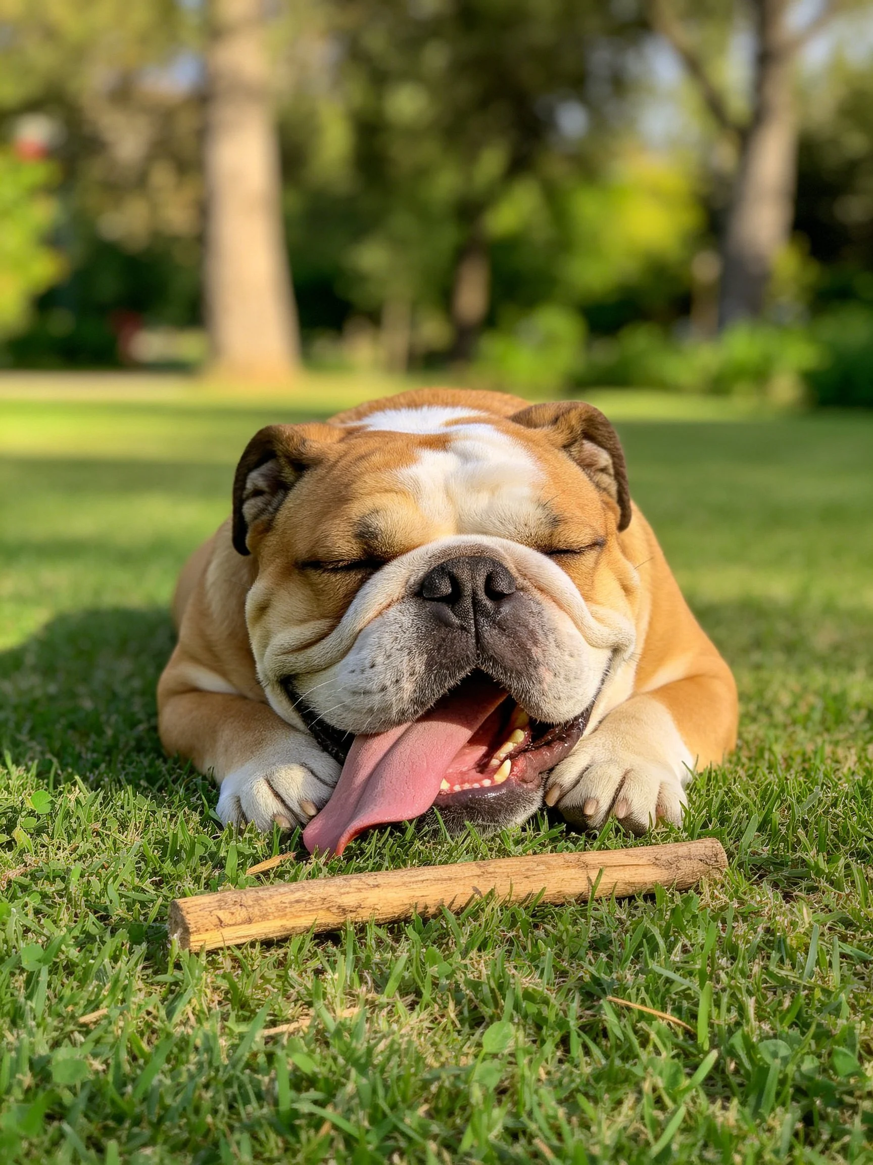 A relaxed English Bulldog rests on lush green grass near a wooden stick