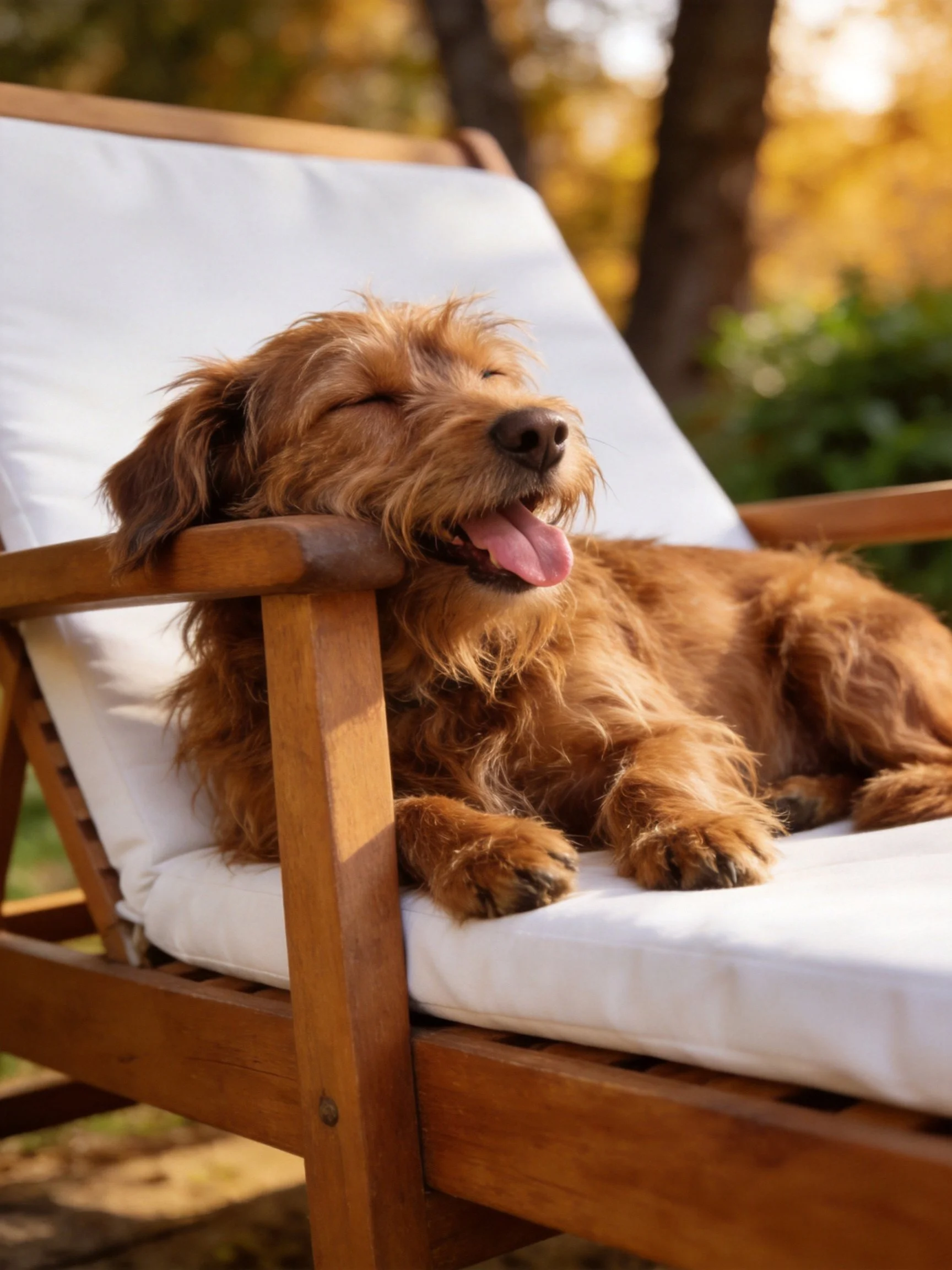 A relaxed brown dog lounges on a white cushioned wooden chair